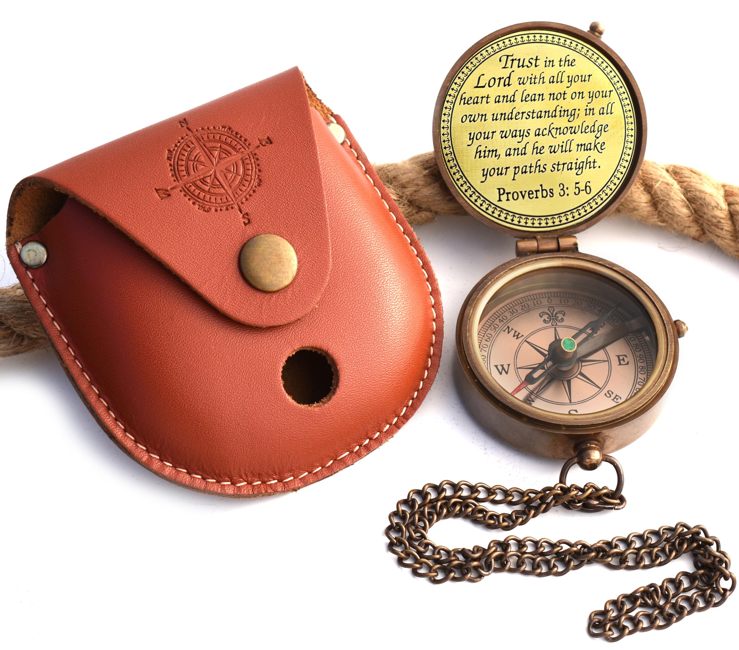 Engraved Brass Compass With Proverbs 3:5-6 - Victorian Design | Wooden Box Gift For Travelers