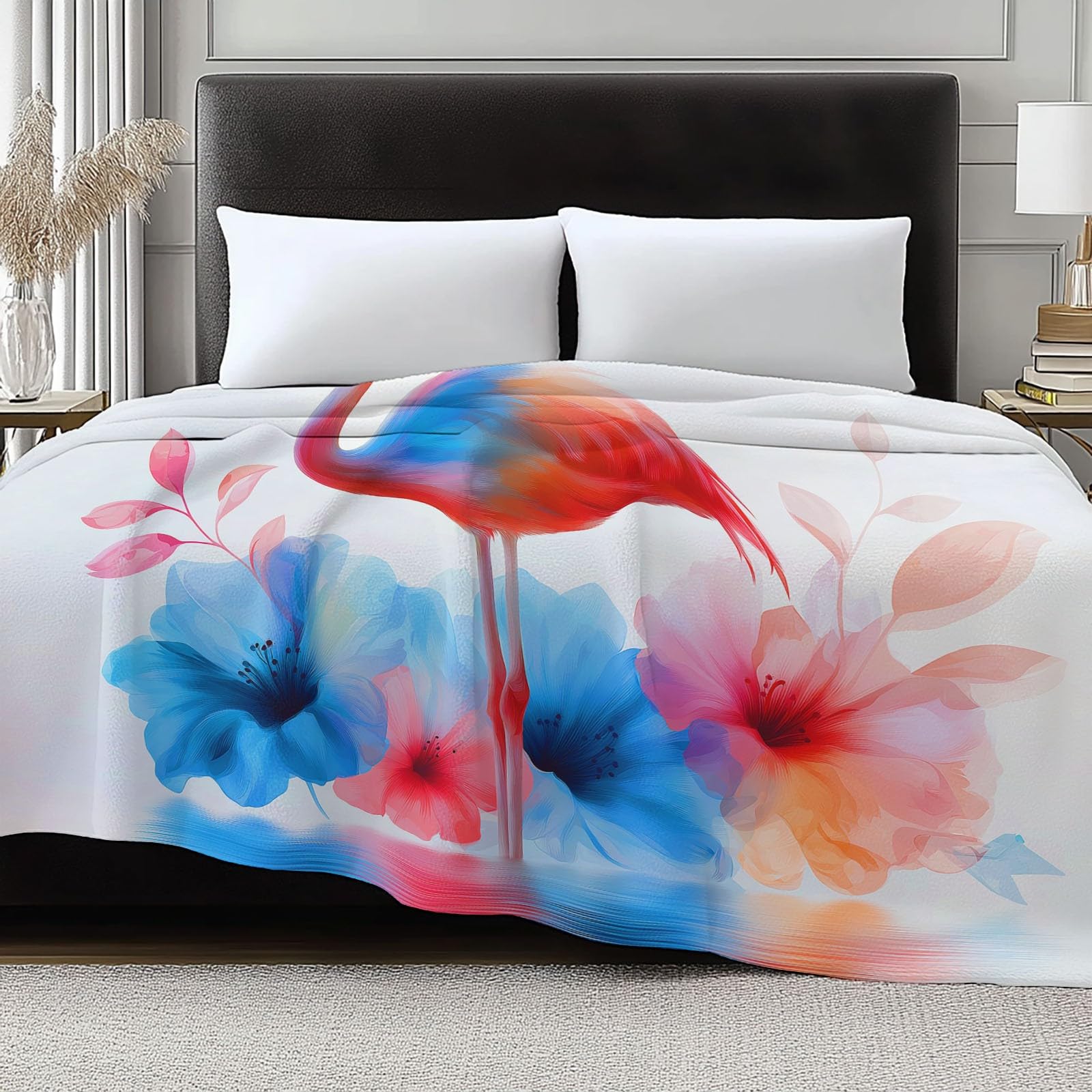 220 x 240 cm Koc polarowy Akwarelowe Różowe Flamingi Kwiaty, Miękka Puszysta Flanelowa Narzuta Sofa Nadaje się dla dorosłych i dzieci Pozostań ciepły zima, kolor