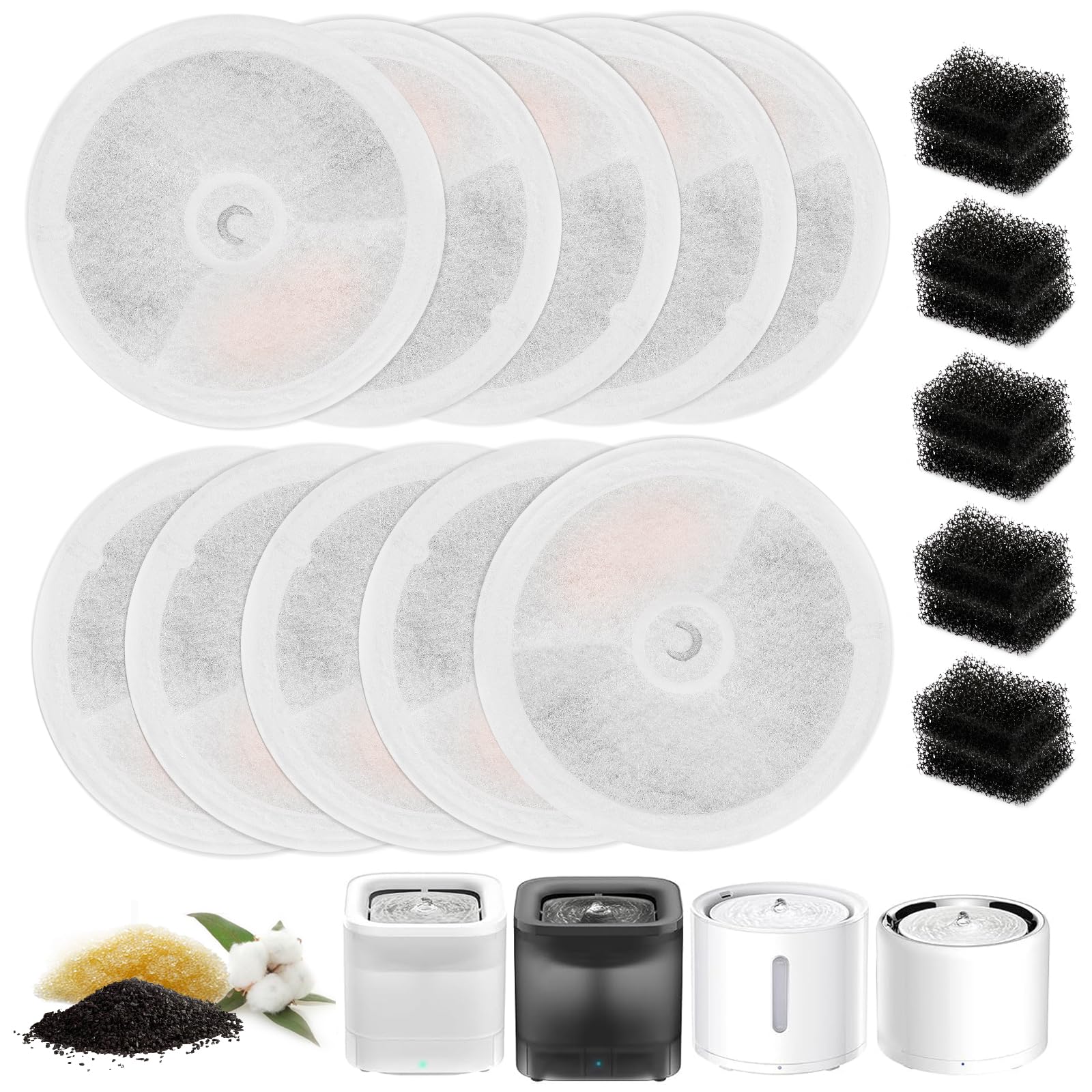 Filtro Fontanella per Gatti, 10 Filtri e 10 Spugna per 1.85L/1.8L/2L Fontana per Gatti, Unit filtro 3.0 Carbone Attivo e Resina a Scambio Ionico, Materiale Sano e Sicuro Filtrazione Multistrato
