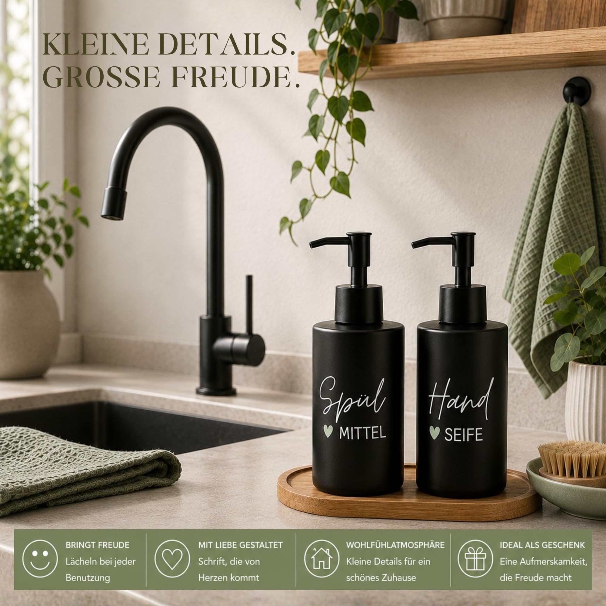 BoBoU 2er Set Glas Seifenspender schwarz matt 320ml Keramik Oberfläche Mattschwarzer Pumpenkopf mit Bambus tablett handgeschriebener Text Spülmittelspender Handseifenspender Küche Bad