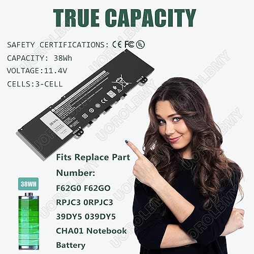 Miniatura 2 de UOROLBMY Nueva batería para portátil 38WH F62G0 39DY5 para Dell Inspiron13 7000 i7373 7370 7380 7386 2 en 1 P83G P87G P91G P83G001 P83G002 P87G002