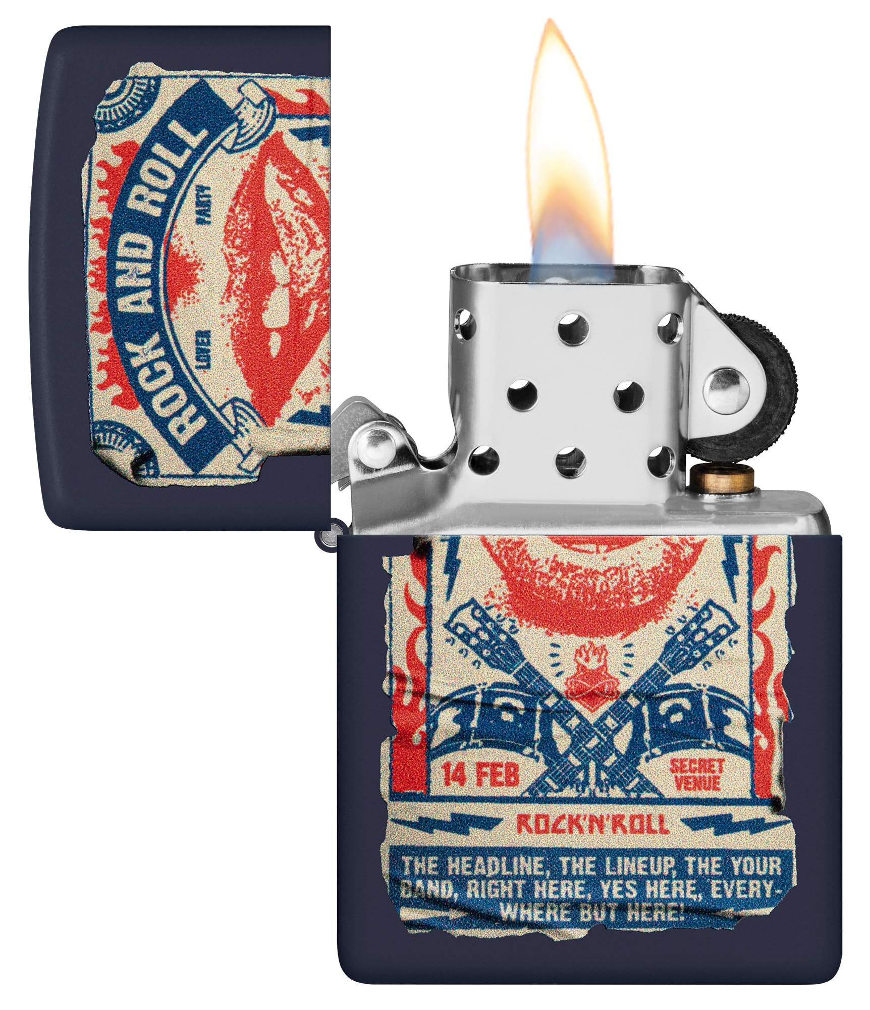 Zippo Encendedor a Prueba de Viento - Rock & Roll Poster - Acabado Azul Marino Mate, Color Image - Recargable - Reutilizable - Diseño a Prueba de Viento - Caja de Regalo - Hecho en EEUU