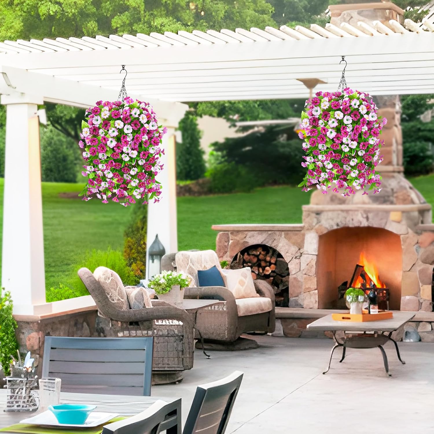 Artificial Faux Hanging Flowers Plants Baskets for Outdoor Spring Summer Decorations,Resistant Fake Morning Glory Silk Plants for Outside UV Resistant Patio Yard Home Porch Decor(Light purple) - Image 6