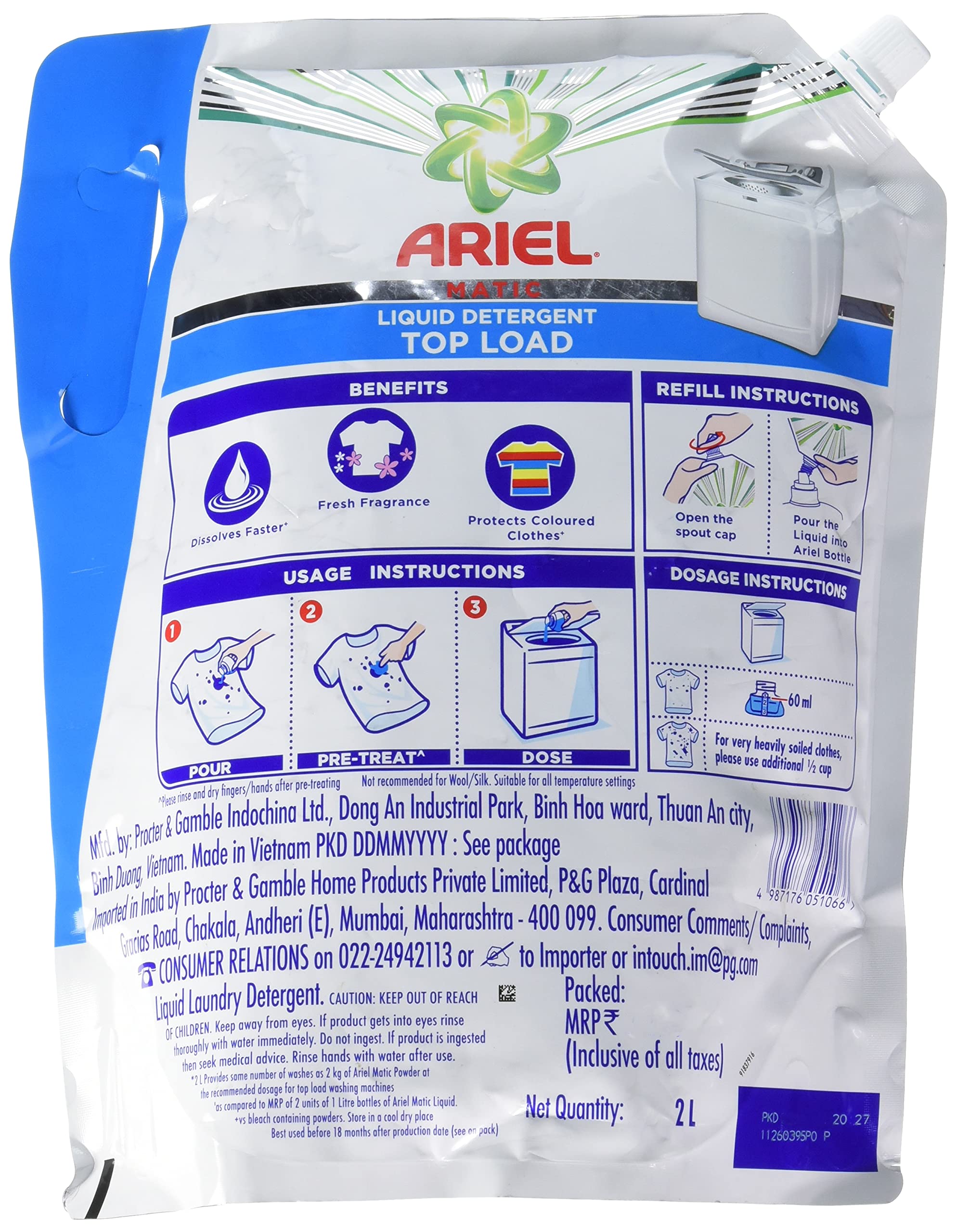Ariel Matic Liquid Detergent Top Load Refill Pouch, 2 Litre Buy Online