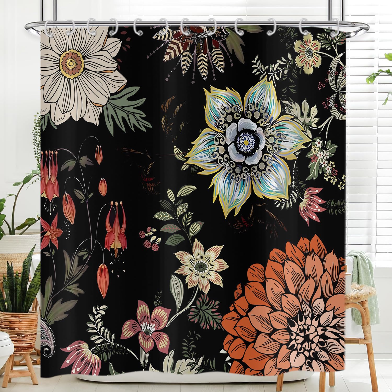 Hnmdmyi Black Boho Floral Shower Curtain 180x240, Vintage Colorful Abstract Bohemian Flower Bathroom Curtains Mid Century Modern Aesthetic Art Waterproof Polyester Fabric Washable Bath Curtains — image 1
