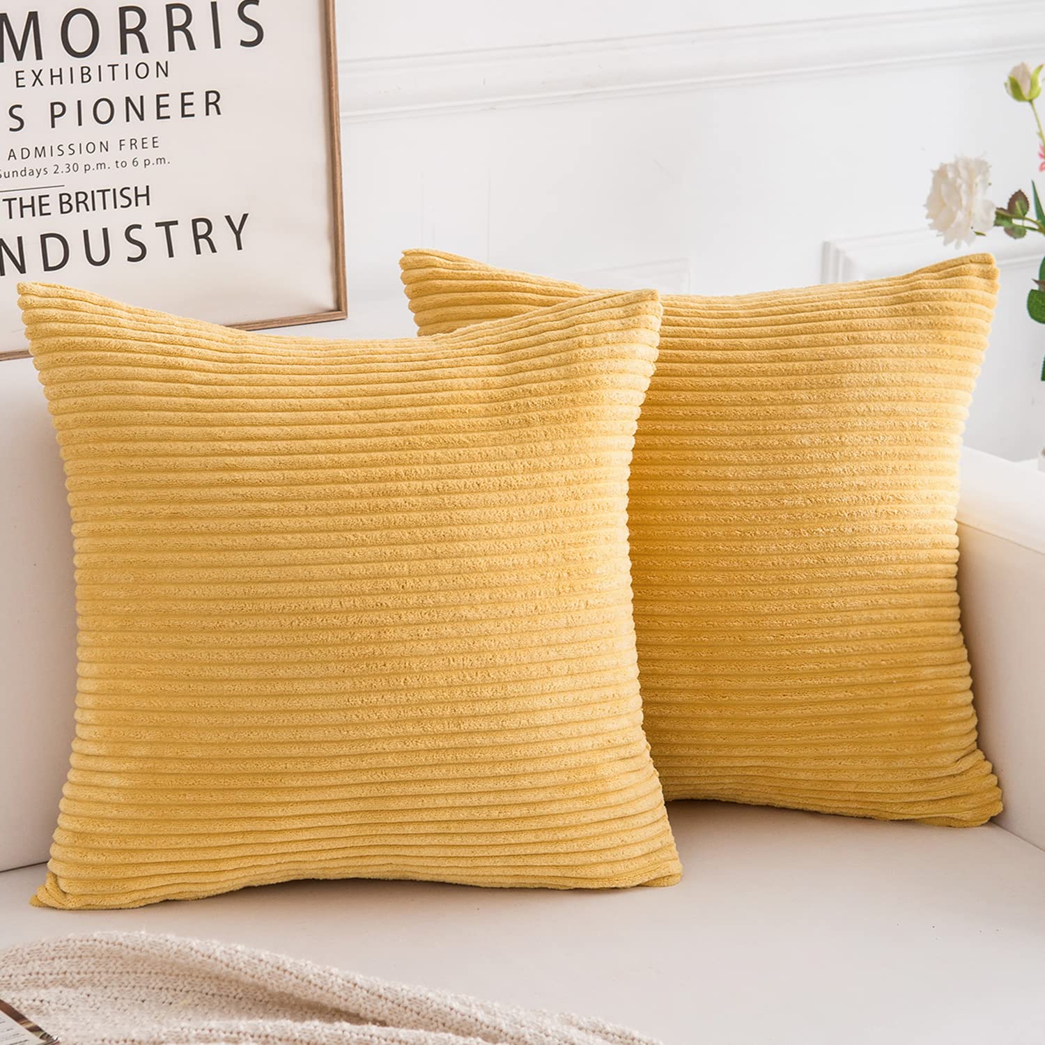 Yonous Corduroy Cushion Covers, Soft Square Decorative Throw Pillow Home Decor for Living Room Couch Bed Sofa, Set of 2 Pack, Grass Yellow, 45x45 CM / 18x18 Inch