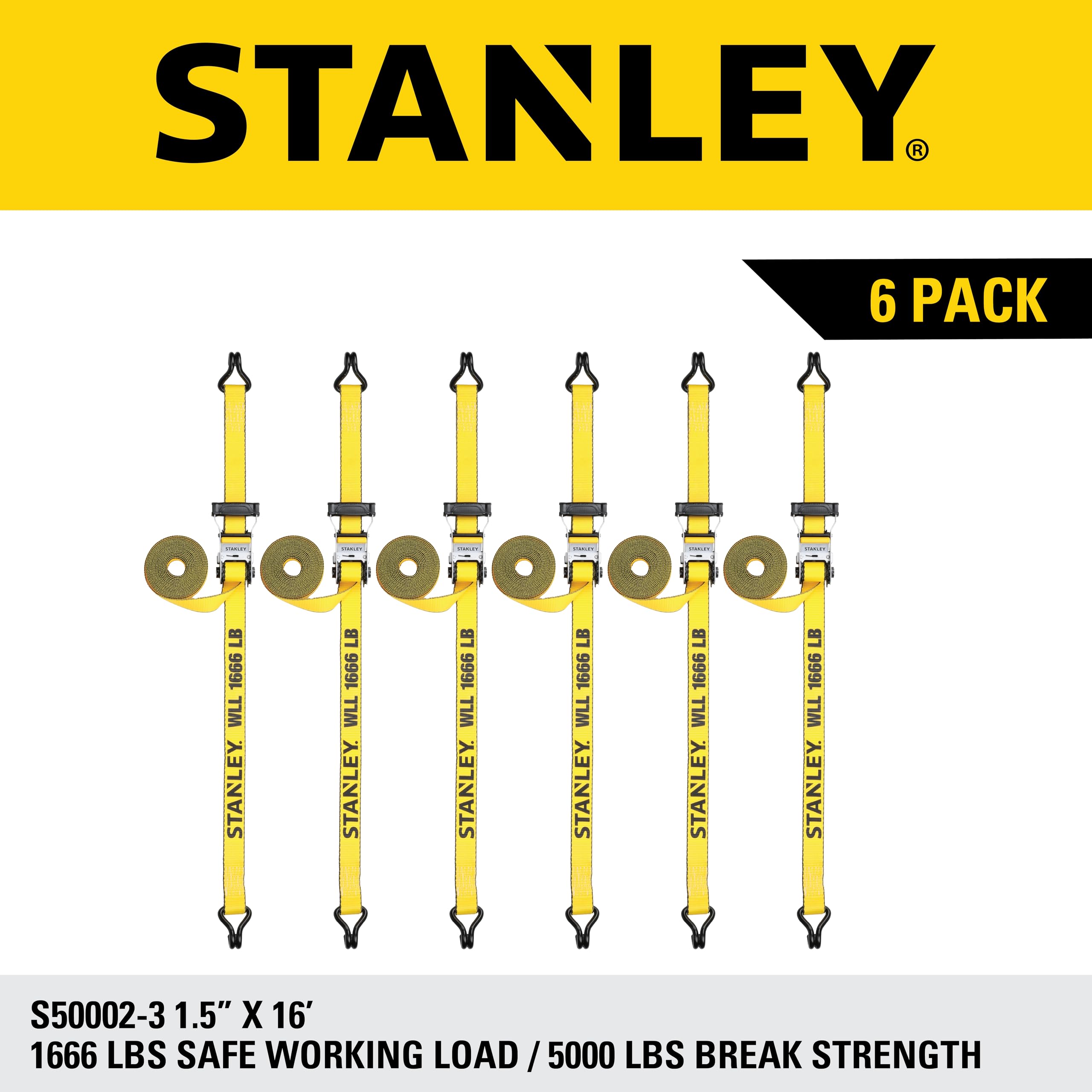 STANLEY S50002-3 Lot de 6 Sangles à cliquet Robustes de 3,8 cm x 4,9 m (résistance à la Rupture de 2,3 kg) Noir/Jaune
