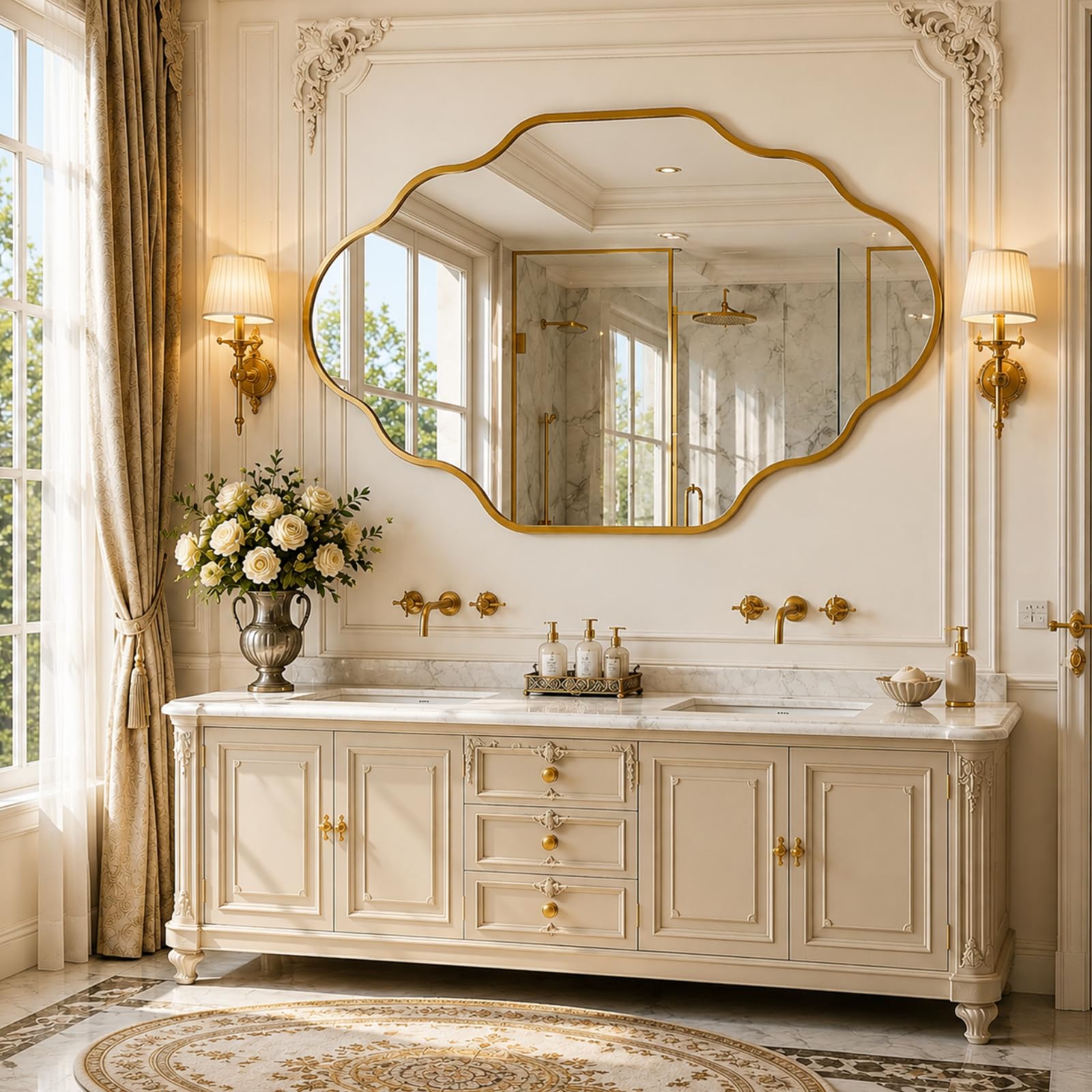 Clevich Espejo de Pared Irregular con Aluminio - diseño de farolillo Delgado y Moderno - Espejos Decorativos de Pared Elegante y Moderno - para Sala de Estar, baño, Dormitorio (Dorado, 66x116cm)