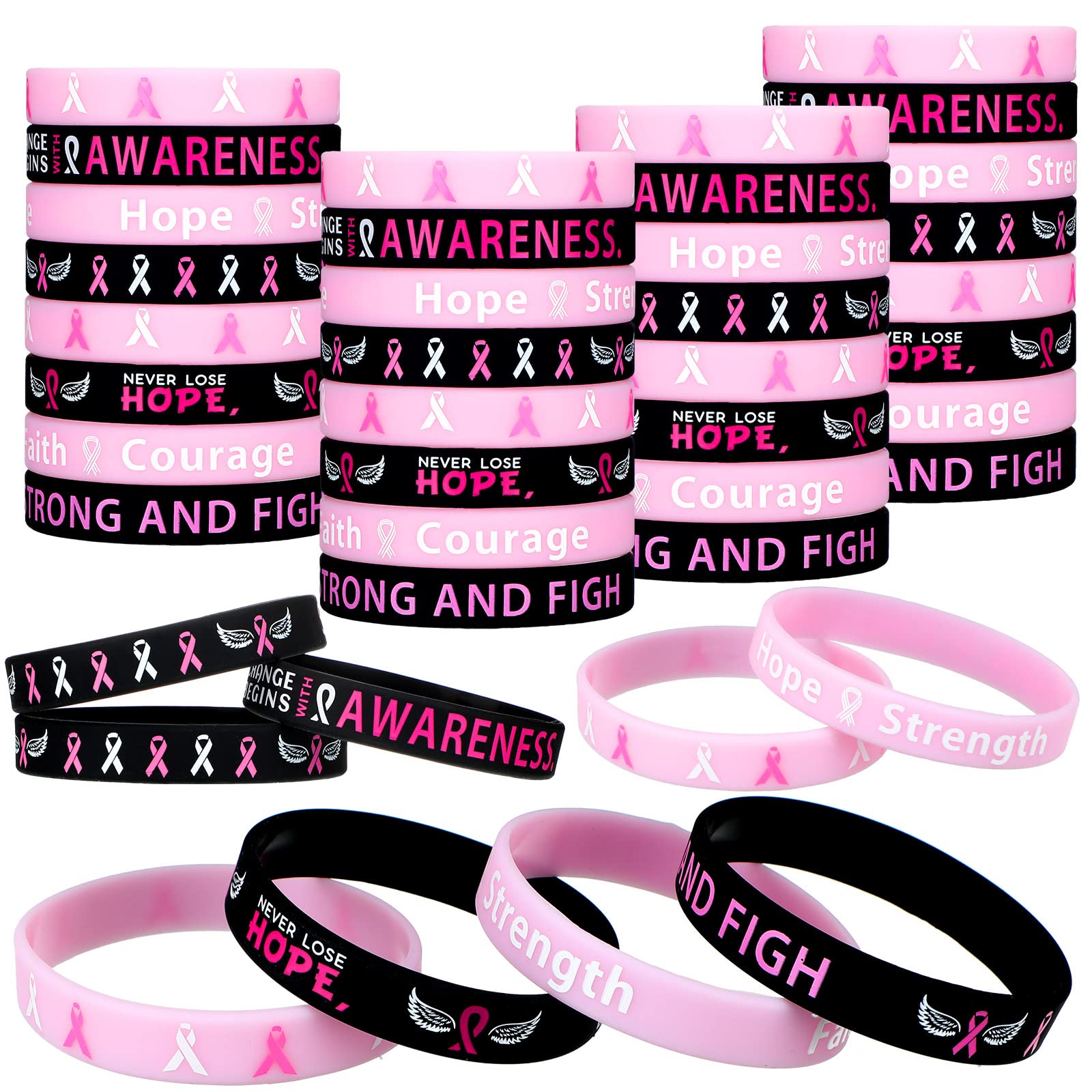 100 Pcs Breast Cancer Awareness Bracelets, Pink Ribbon Breast Cancer Awareness Silicone Wristbands with Hope Faith Strength Courage Support Black Breast Cancer Gifts Party Favors for Women (Classic)