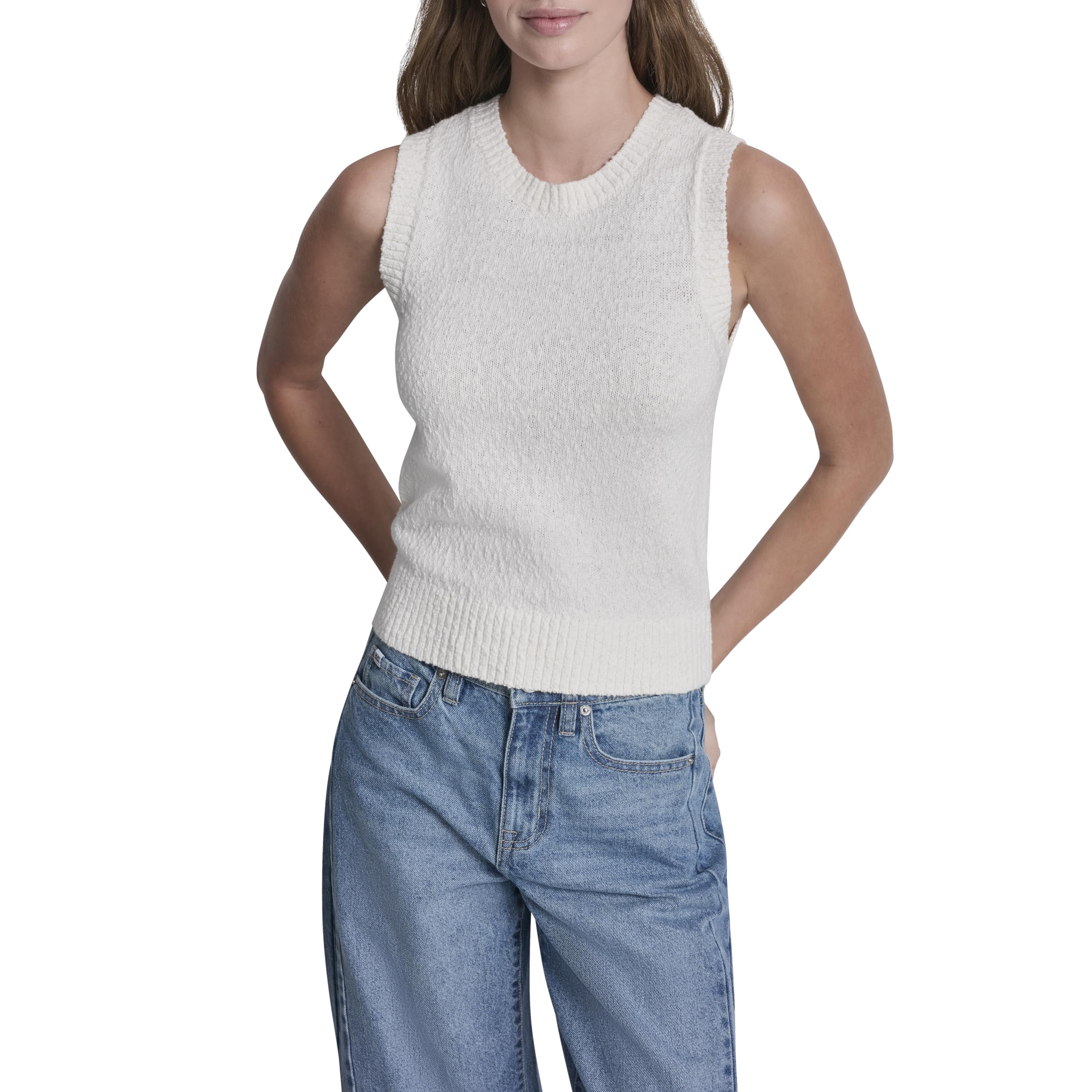 

                                                    DKNY Women's Crew Neck Sleeveless Sweater, Ivory, 