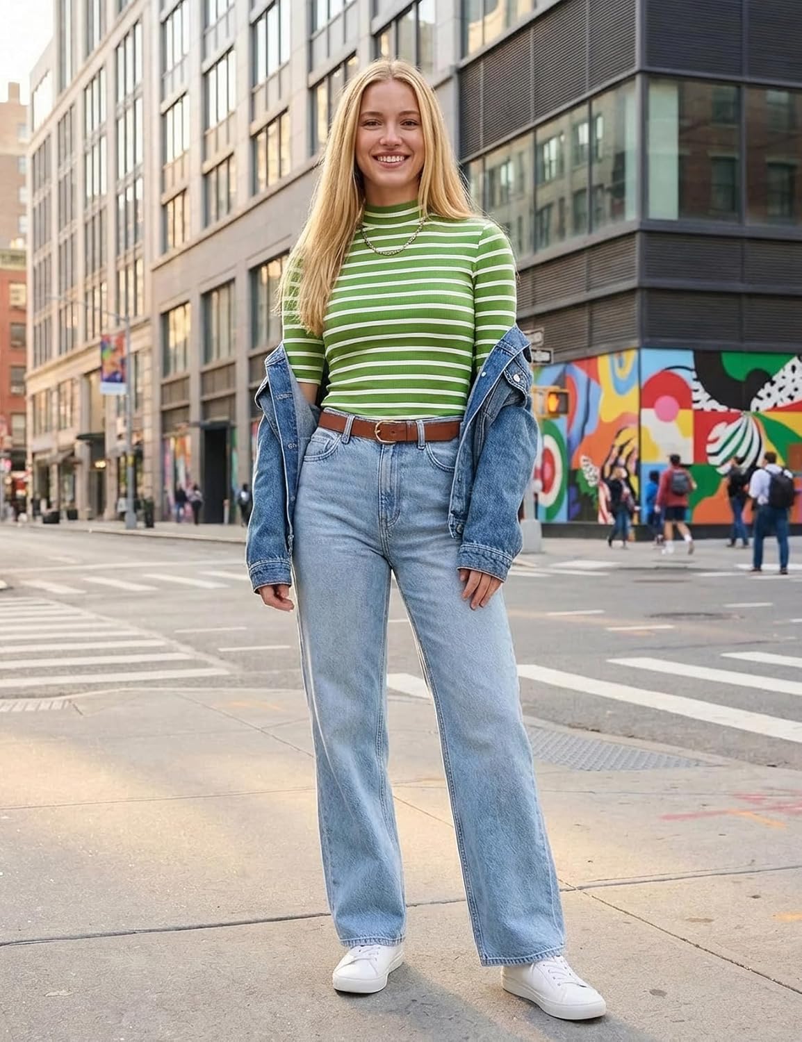 Zengjo Women‘s Striped Shirt Mock Neck Elbow Length Slim Fitted Short Sleeve Ribbed Turtleneck Tops - Image 3