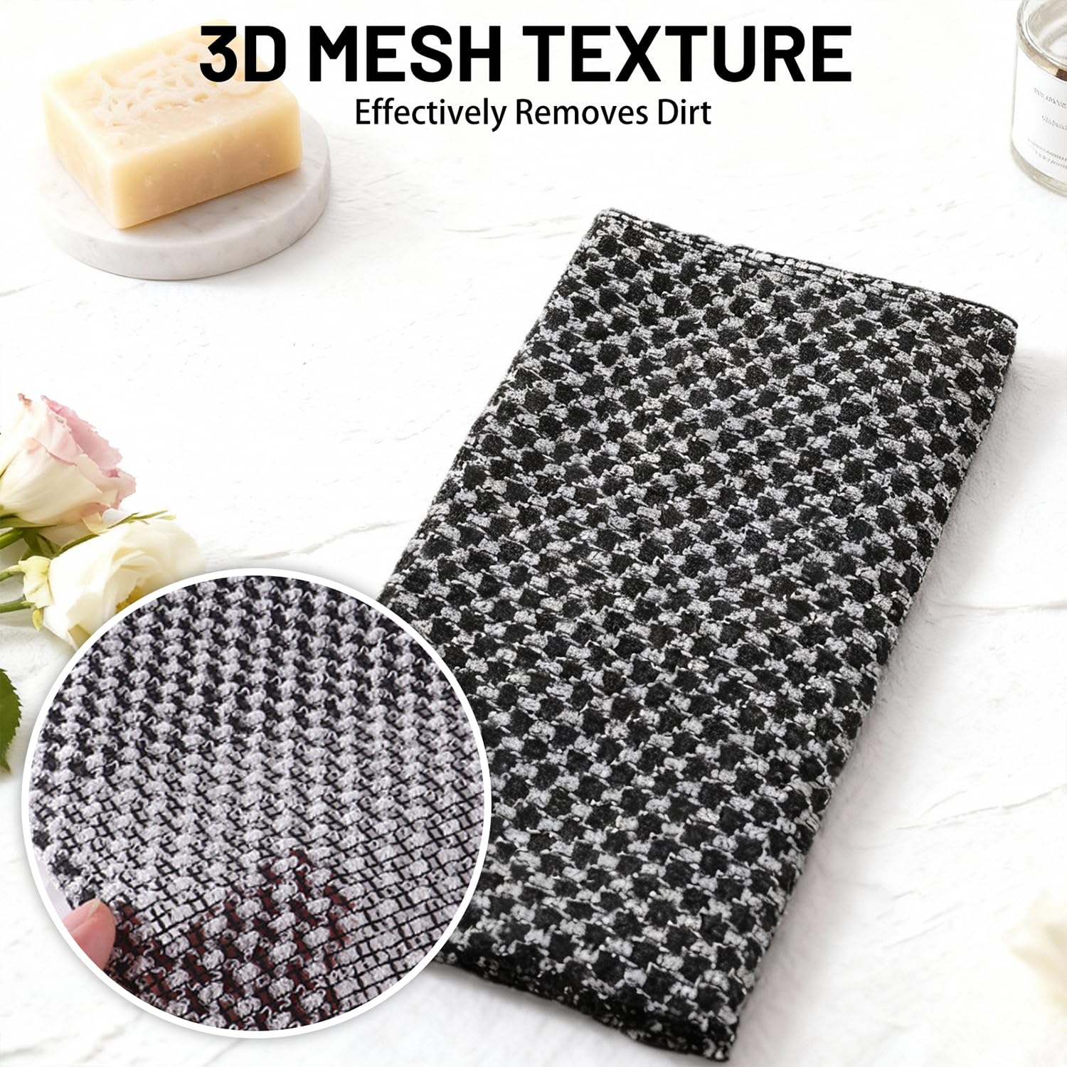 Lot de 3 Serviettes Exfoliantes, Serviette de Douche Antibactérienne Longue, Gommage du Corps pour Homme et Femme, Élimination des Peaux Mortes, Noir