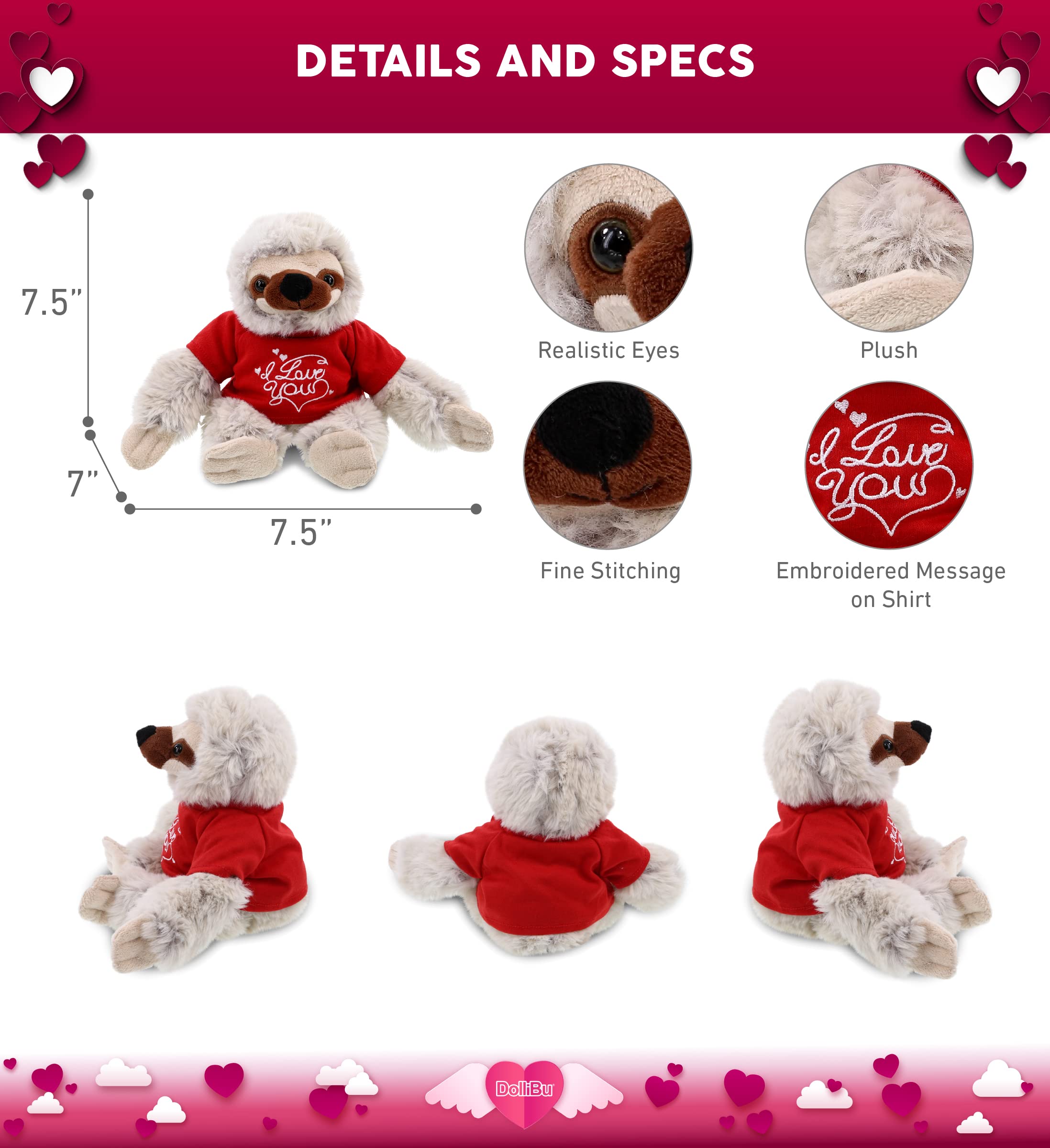 DolliBu Valentine Sloth Stuffed Animal - 7.5 Inch Plush With I Love You Shirt, Personalized Gift