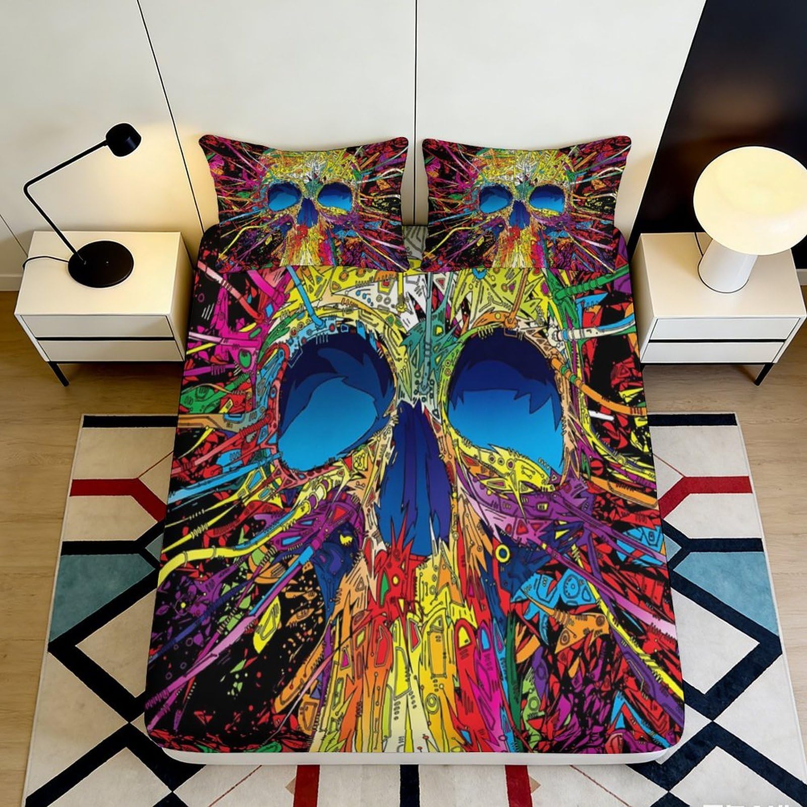3D Printed Colorful Skull Fitted Sheet Microfiber Vibrant Graffiti Mattress Cover for Bedroom Dorm Decor Washable 90x200x25cm