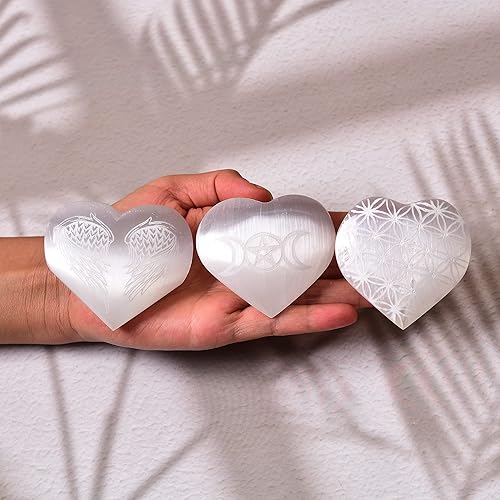 Miniatura 2 de JIC Gem Juego mixto de 6 piedras de selenita blanca marroquí, grabadas en forma de corazón, piedra curativa, decoración del hogar, Energy Reiki