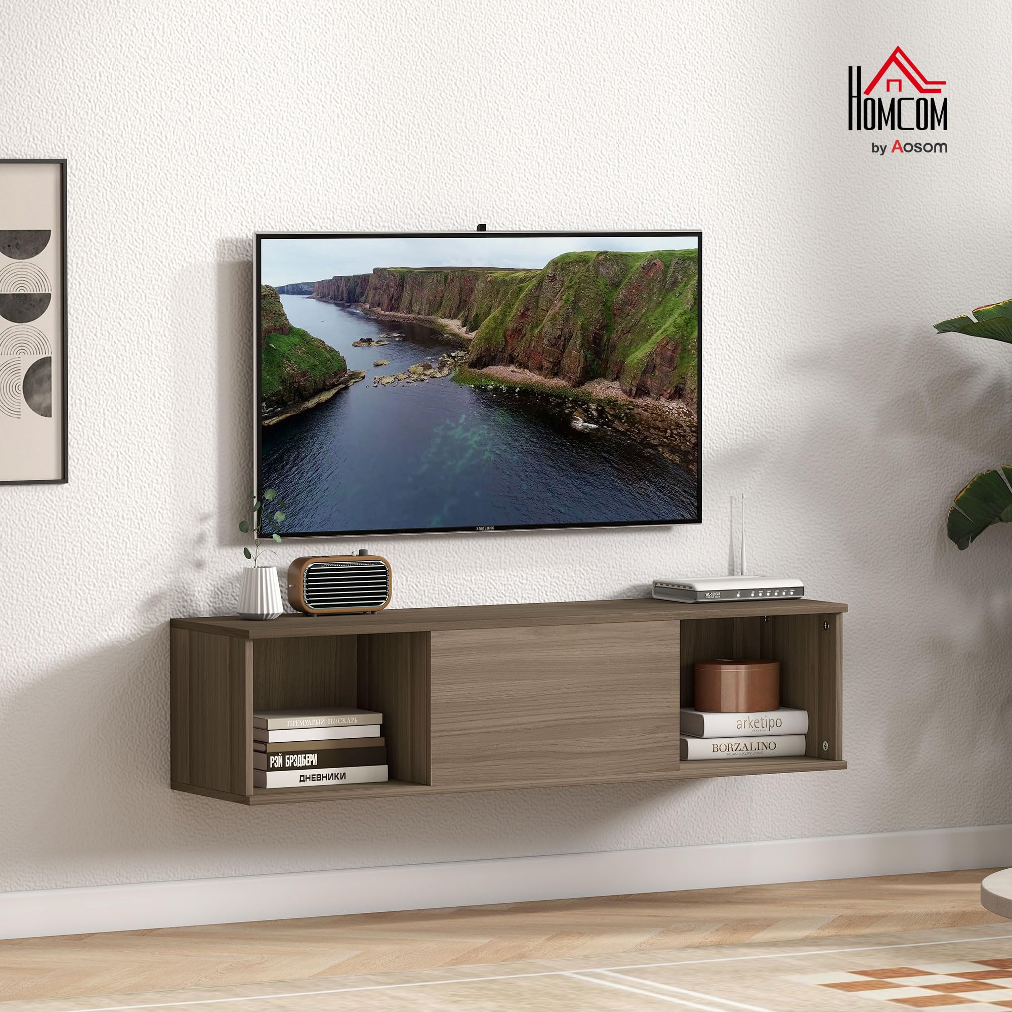 HOMCOM Mobile per TV sospeso 120 cm, armadio da parete, mobile pensile, stile moderno, con 2 scomparti aperti e porta pieghevole, colore: marrone