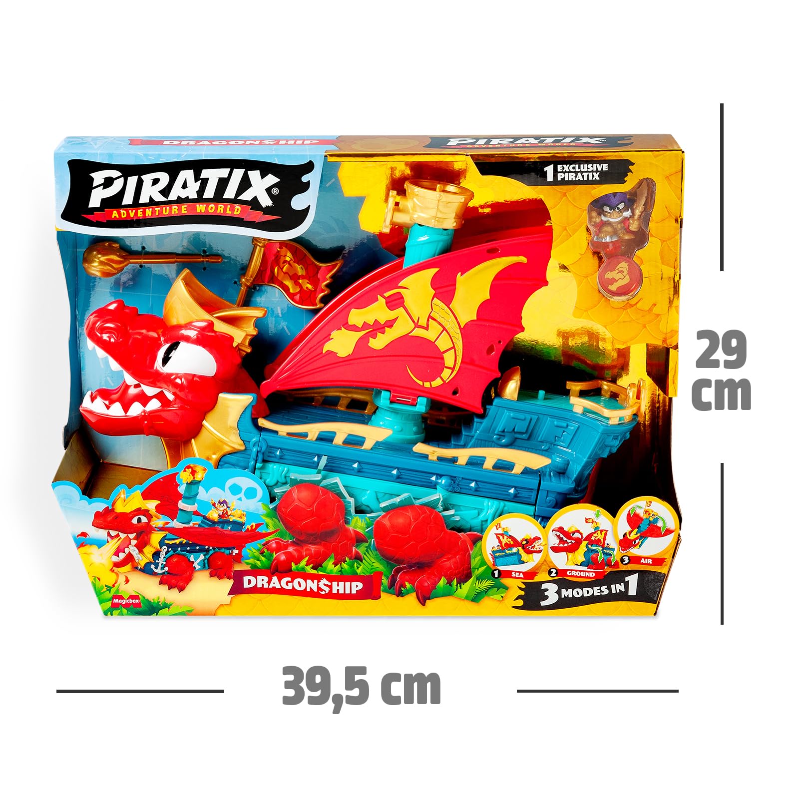PIRATIX Dragon Ship – Barco Dragón de Piratix Todo Terreno 3 en 1: Tierra, Mar y Aire. Contiene 1 Barco Dragón, 1 Piratix Exclusivo, 1 Tesoro Exclusivo, 1 Bandera y 1 proyectil