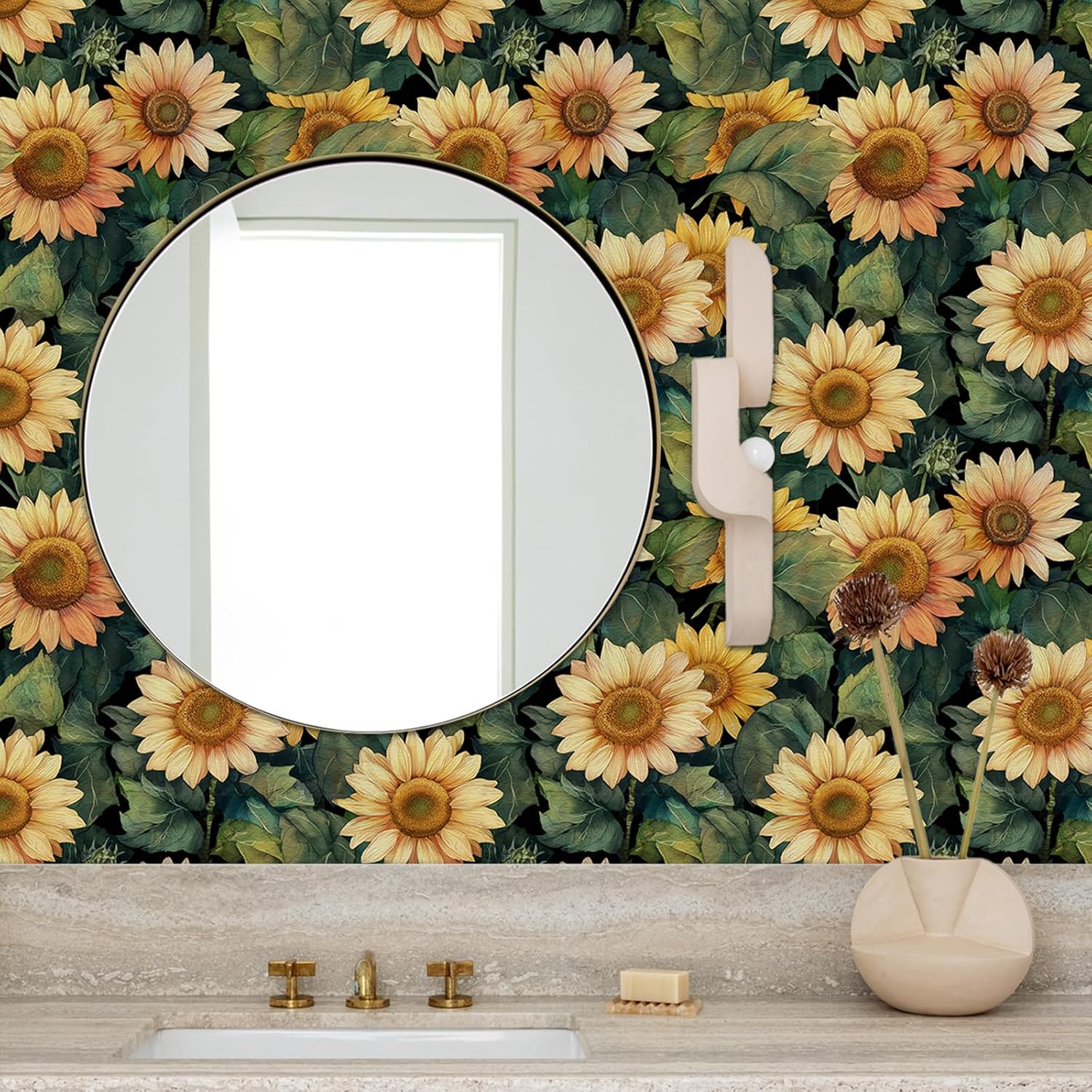 Vintage Moody Sunflower Floral Wallpaper Self Adhesive Peel and Stick Botanical Leaf Watercolor Flower Contact Paper Removable Waterproof for Bedroom Living Room Decor Renter friendly 17.71"x 236.2"