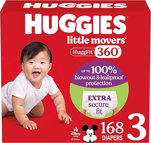 Huggies Pañales de bebé tamaño 3, pañales Little Movers HuggFit de 360 con cintura de 360, tamaño 3 (16-28 libras), 168 unidades (3 paquetes de 56),
