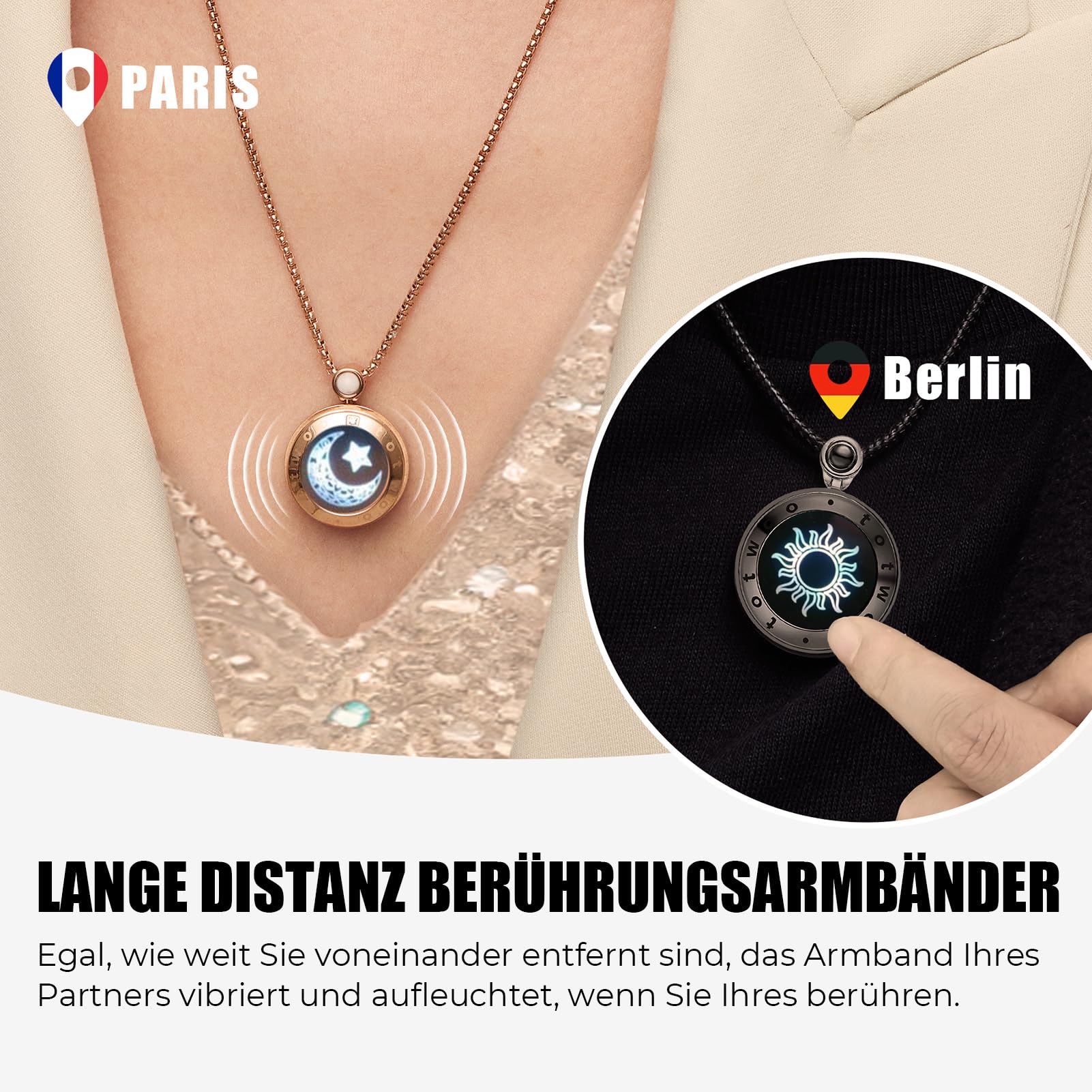 TOTWOO Collana per Coppia - Girocollo Lunga in Acciaio Inossidabile, Tattili Vibranti, Impermeabile e Regolabile - Regalo per l'Anniversario, Ideale per Donna e Uomo