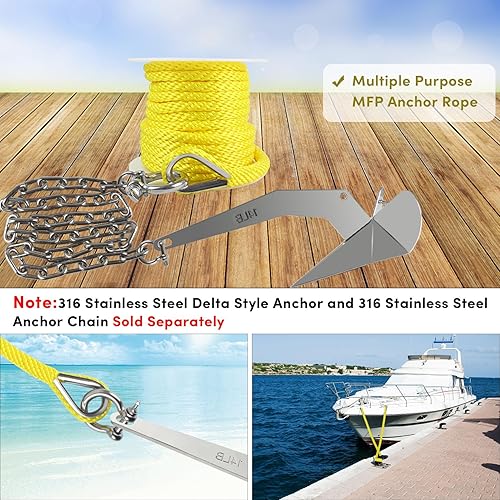 Vista 61 de Cuerda de anclaje premium de 100 pies x 3/8 pulgadas, cuerda marina de línea de anclaje MFP trenzada sólida con dedal y grillete, color negro