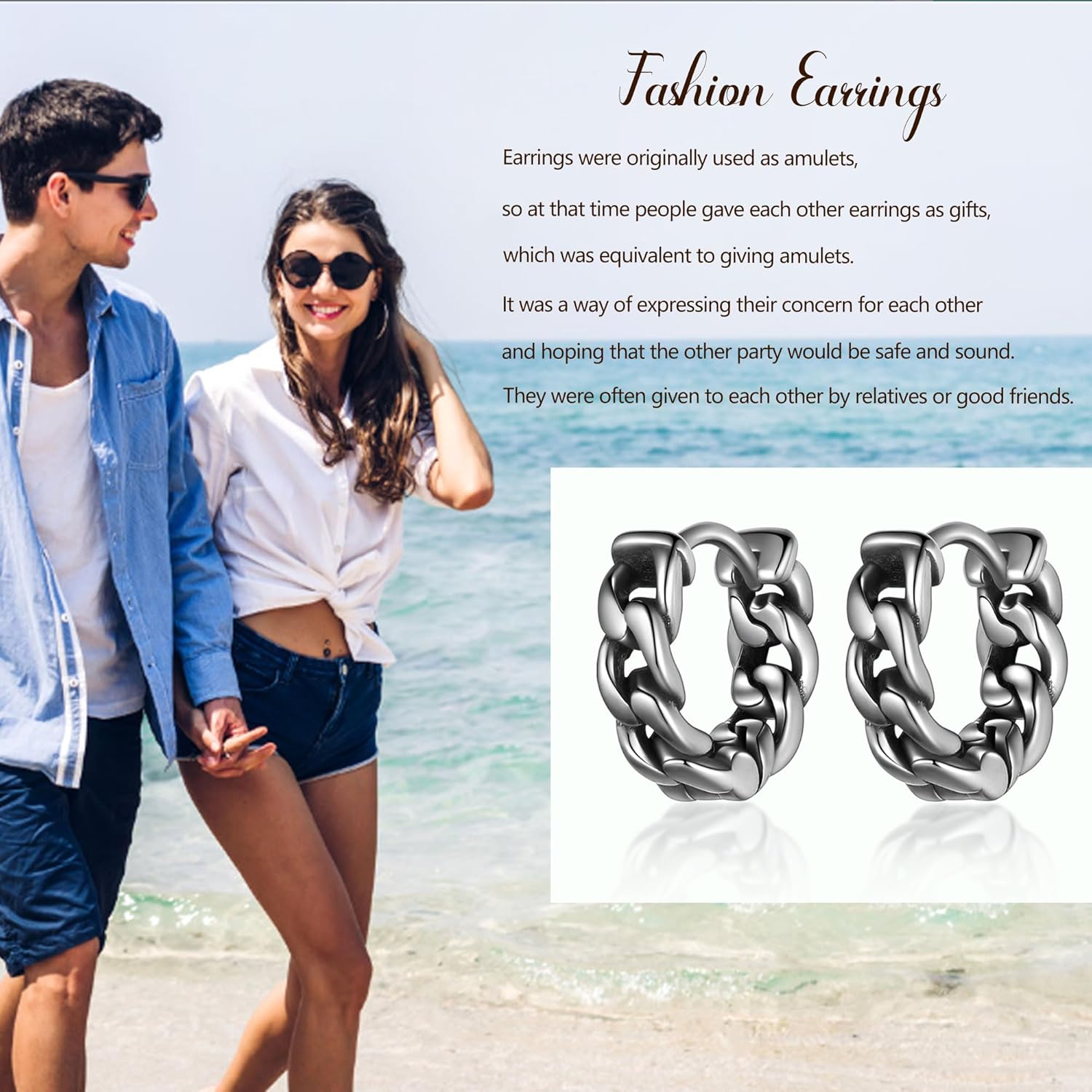 Punk Huggie Hoop Earrings, Stainless Steel Cuban Chain Link, Chunky Small Hoops for Women Men - Image 5