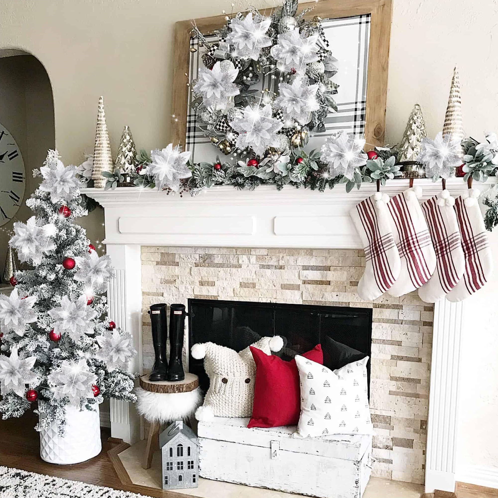 TIYCNIY 15 Pieces Glitter Poinsettia Christmas Decorations,Artificial Flowers Christmas Tree Ornaments,for New Year Wedding Xmas Wreath Home Party Decor (Silver) - Image 3