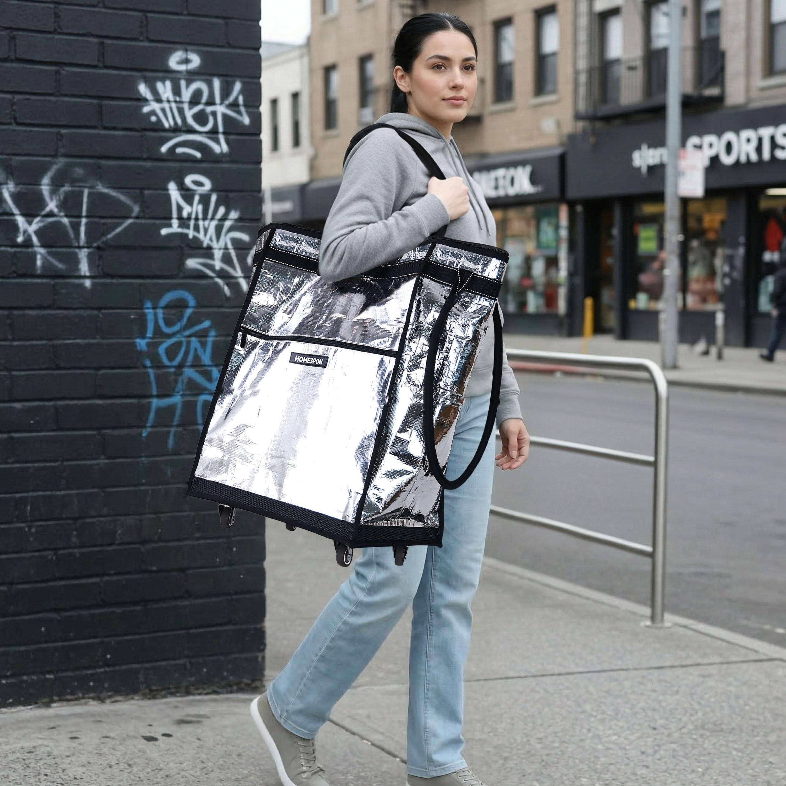 HOMESPON Carrito de Carreras Plegable con Ruedas Grande Impermeable Bolsa de Carreras Reutilizable con 5 asas Robustas