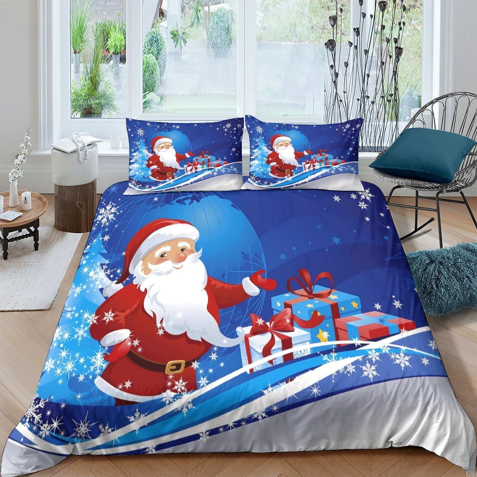 Ctjqhvkz Style-10 3D Printed Santa Claus Fitted Sheet Microfiber Soft Blue Bed Cover For Bedroom Living Room Decor Single（135X200cm）