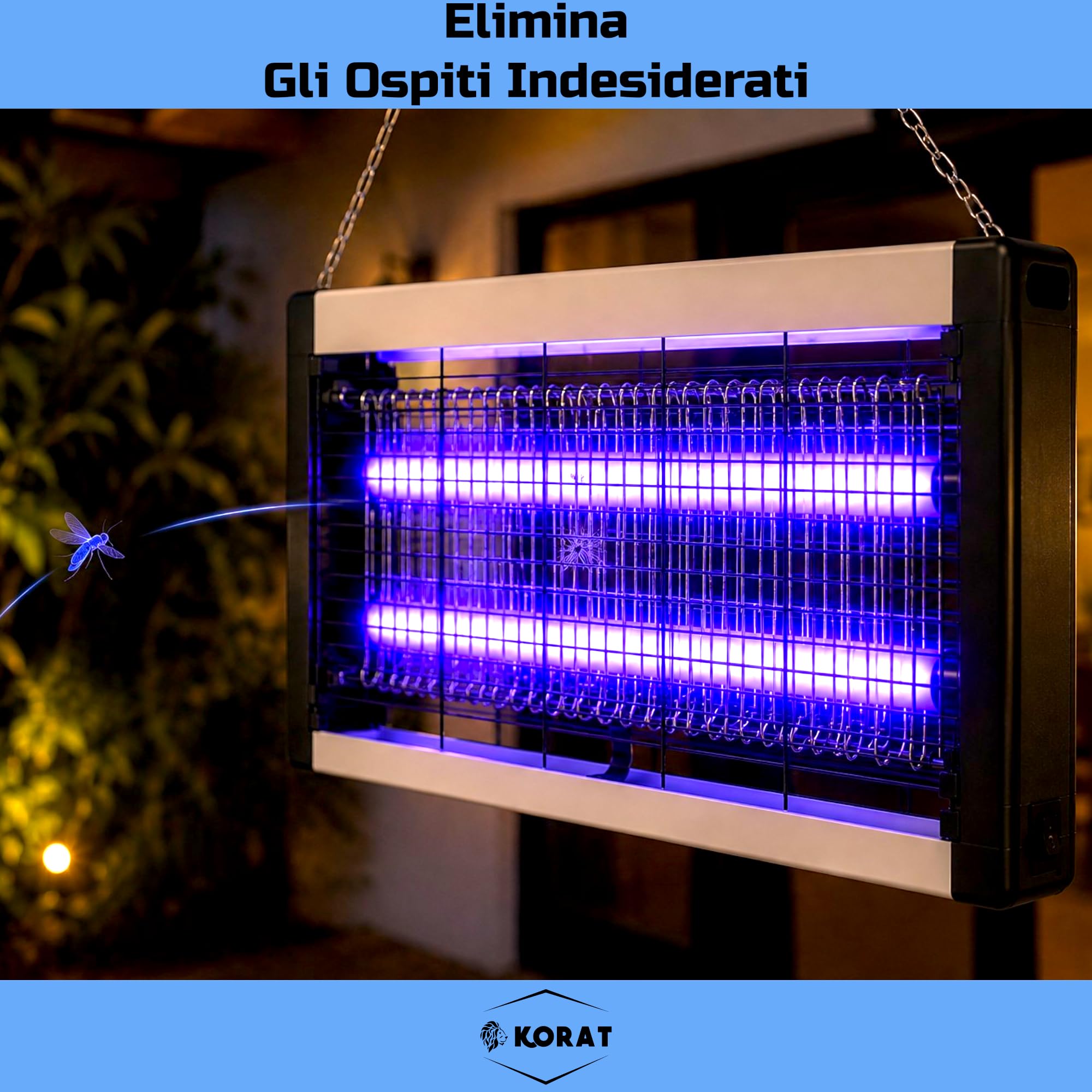 KORAT Lampada Zanzare Elettrica LED UV 2x5W, Zanzariera Elettrica Professionale con Griglia ad Alta Tensione, Vaschetta Estraibile, Silenziosa, per Casa, Ufficio, Negozio - 47,5x6x24 Cm