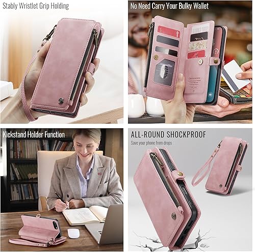 Miniatura 4 de Defencase Funda compatible con iPhone 8 Plus7 Plus con tarjetero para mujeres y hombres, de piel sintética, magnética, cierre de cremallera, funda