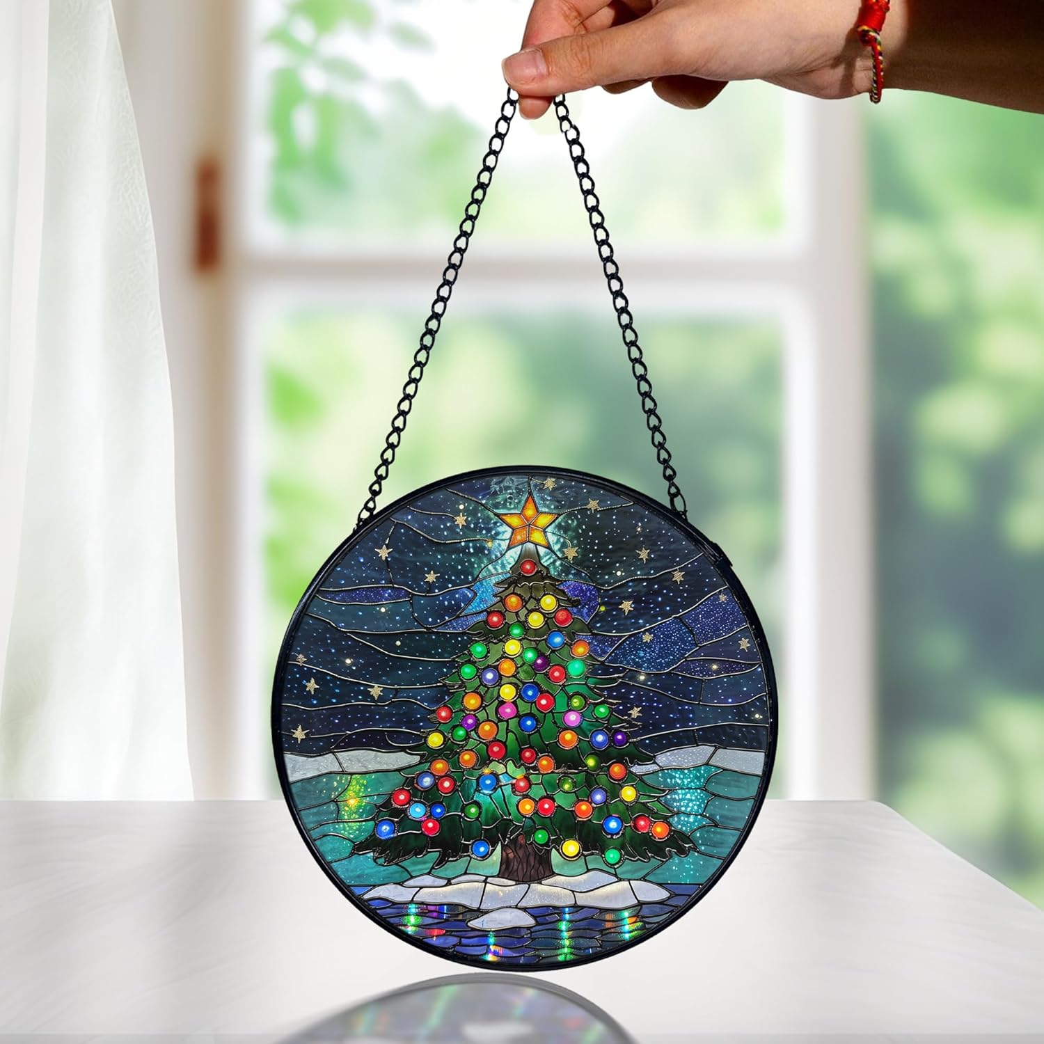 Christmas Tree Stained Glass Window Hanging, Winter Holiday Xmas Tree Sun Catchers Indoor Window Round Glass Wall Art Decor, Christmas Suncatcher Wall Hanging Gardening & Lawn Care