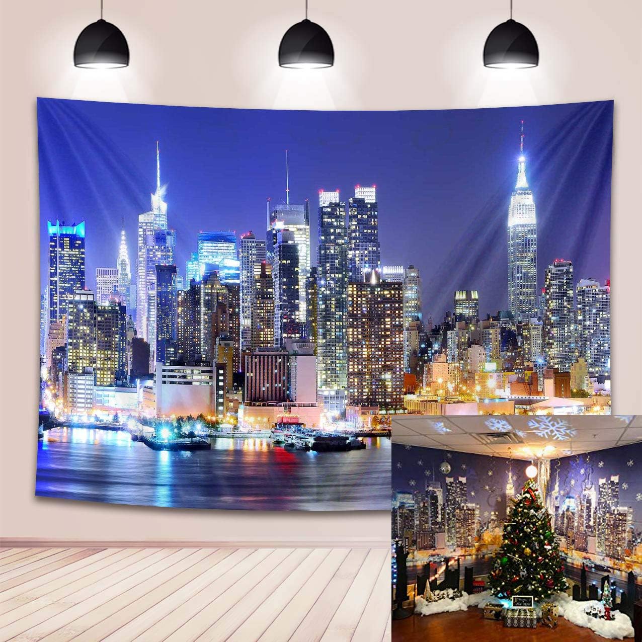 BINQOO 7x5FT New York City Skyline Backdrop New York Night Scene Background NYC Bridge Skyscraper Urban Light Photo Studio Porps