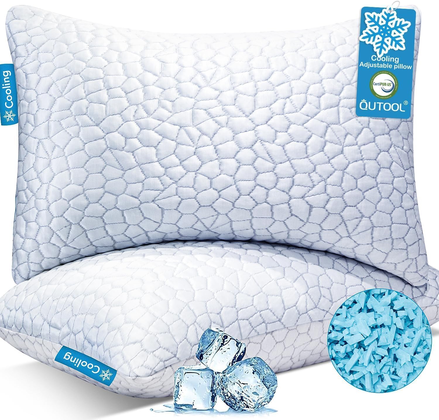QUTOOL Cooling Pillow for Sleeping, CertiPUR-US Shredded Memory Foam King Pillows Set of 2, Cool Pillow for Hot Sleepers Adjustable Firm Pillow for Side, Back, Stomach Sleepers Soft Yet Support, White