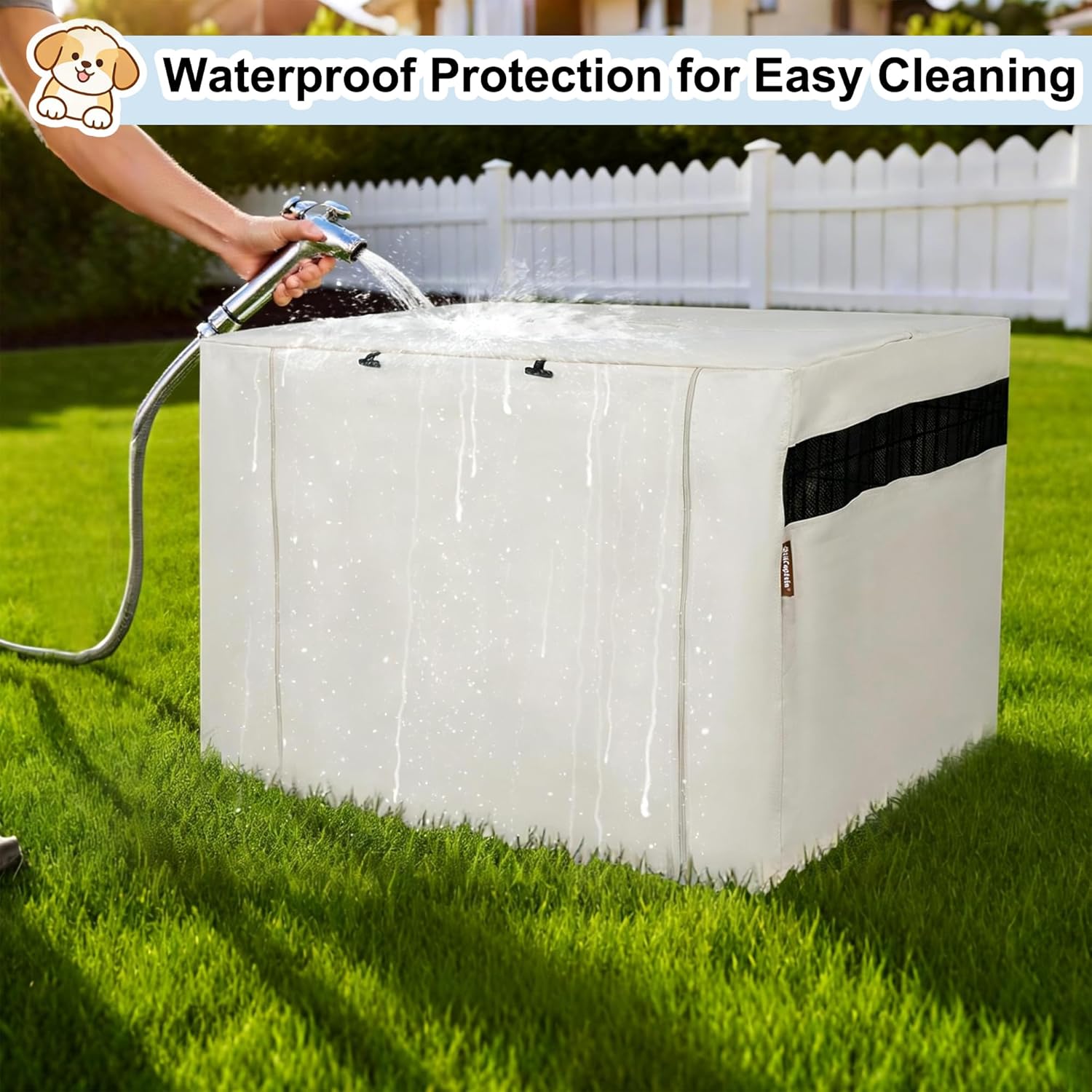 HiCaptain Dog Crate Cover 54.0" L x 37.0" W x 45.0" H with Breathable Mesh, Durable Heavy Duty Kennel Cover, Dual Zippered Panels, Windproof Waterproof UV-Resistant(Beige)