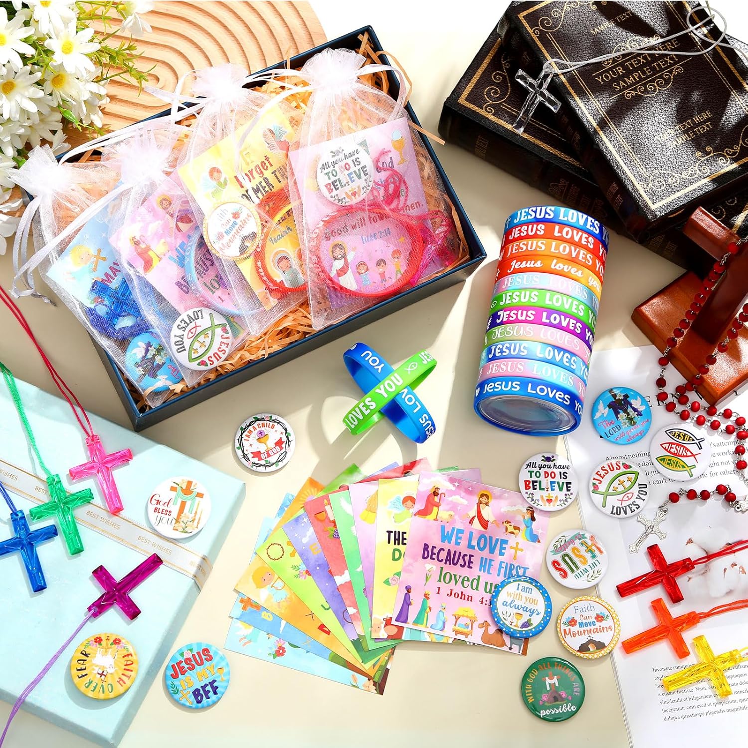 300 Pcs Christian Religious Jesus Gifts Sets Bible Verse Cards Jesus Love You Bracelet Crystal Cross Necklace Christian Button Pins Organza Bags for Baptism Party Favor - Image 4