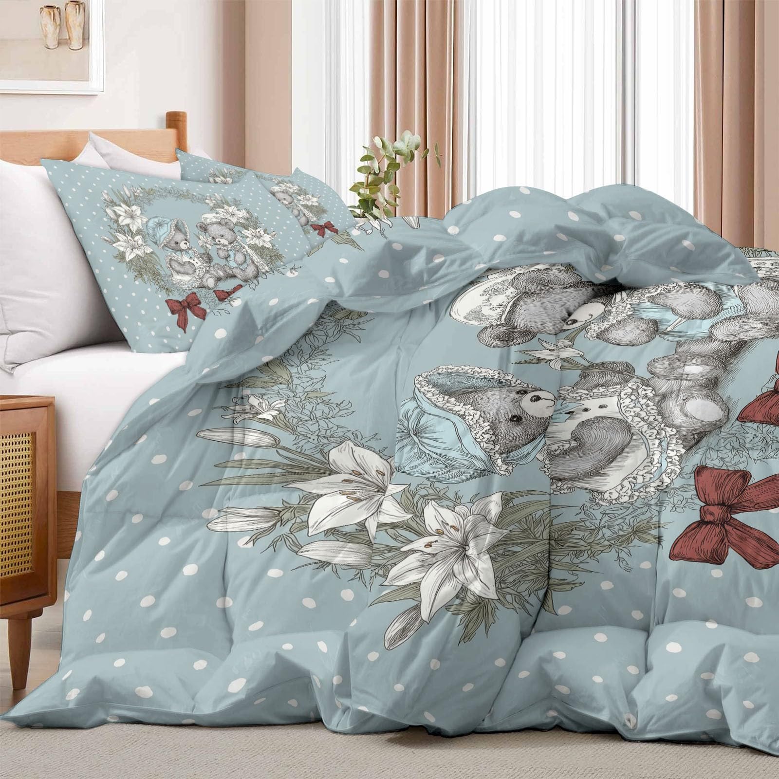 4 Jahreszeiten Bettdecken 200 x 220 cm mit Kissenbezug 80x80cm, Klassisch Retro Blumen Lilie Teddybär Microfaser Ganzjahresdecke, Atmungsaktiv Leicht Waschbar Steppdecke, Blau