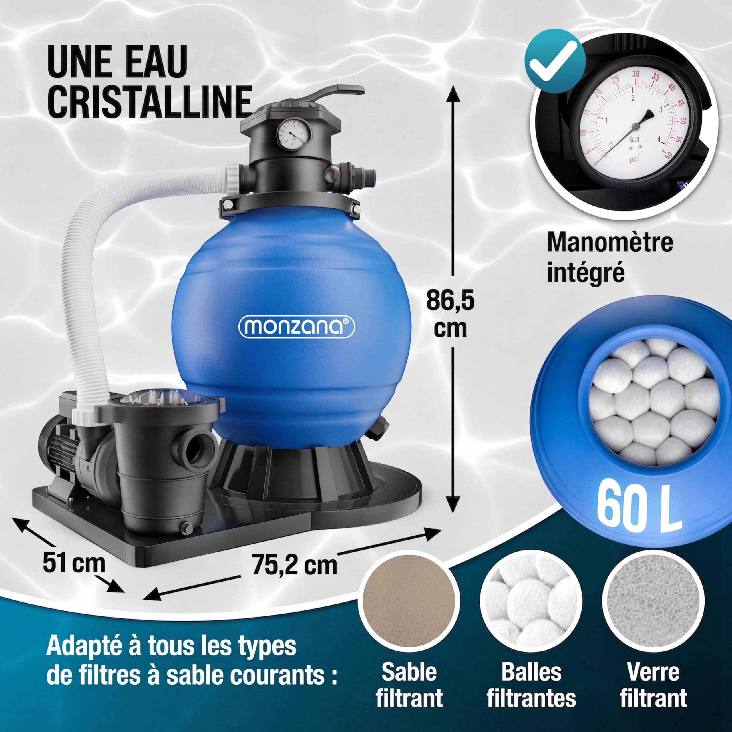 MONZANA® Pompe filtre à sable 15,9 m³ auto-amorçante pour piscines jusqu'à 70 m³ certifié TÜV vanne 7 voies raccord 2en1 Ø32-38mm système de filtration à sable