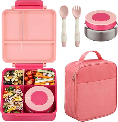 Bento Lunch Box Set for Kids with 8oz Soup Thermo, Leak-Proof Containers, 4 Compartments, Insulated Lunch Bag, Kids Thermo Hot Fo…