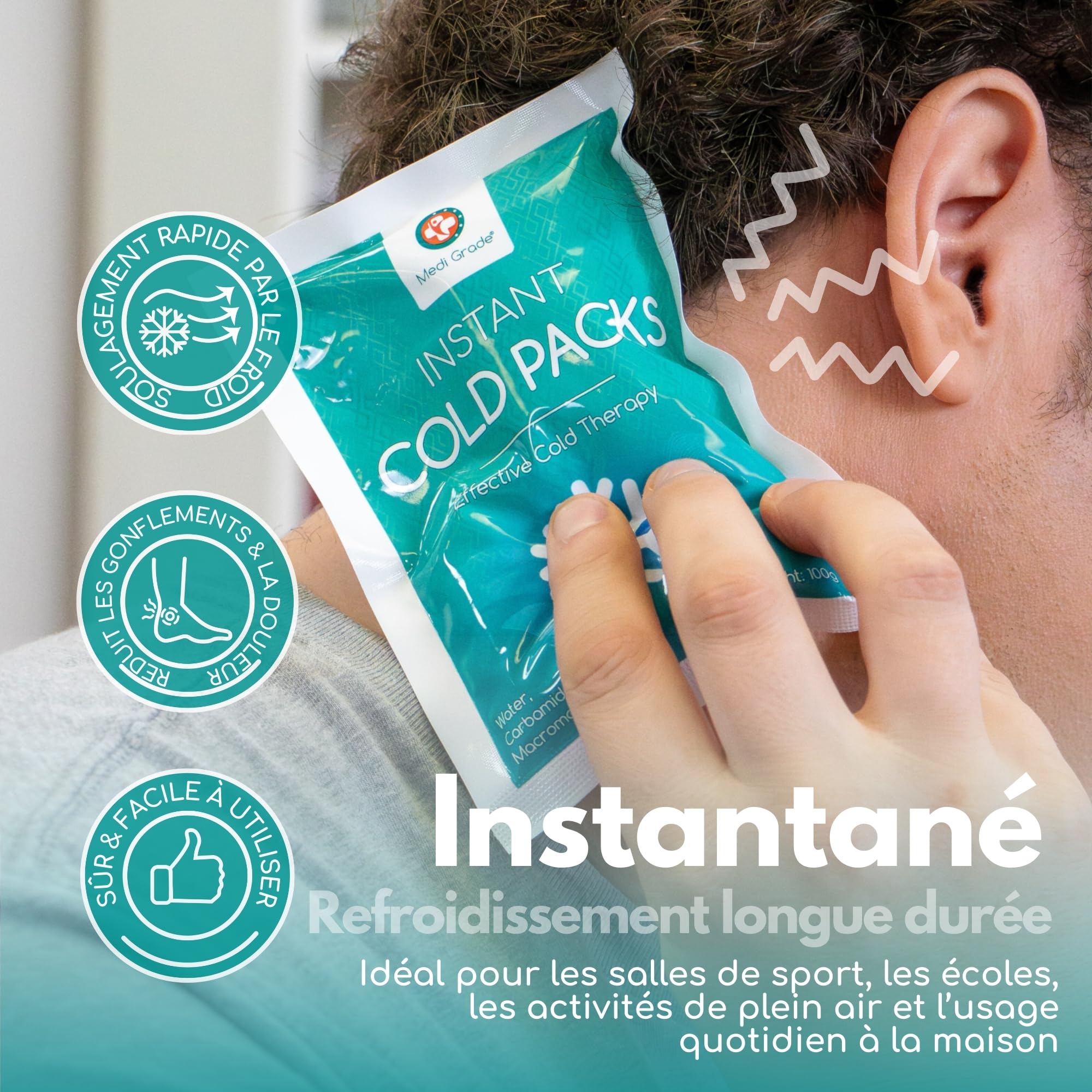 Medi Grade Poche de Glace, 30 Packs de Glace de 100 g (11,43 x 15,24 cm) – Compresse Froide Instantanée – Poche de Froid Pour la Cheville et le Genou avec Bande de Fixation, Pas Besoin de Congélateur