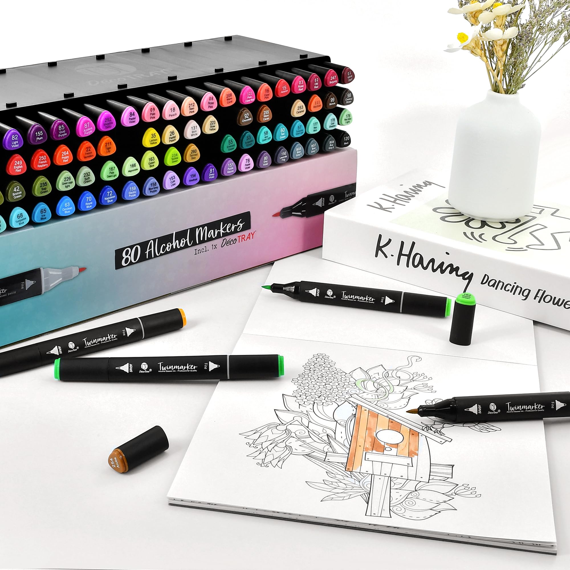 Decotime - Pennarello doppio alcolico con vassoio impilabile, 80 pennarelli sottili e a doppia punta, pennarelli colorati per adulti e bambini, accessori per arte ad asciugatura rapida