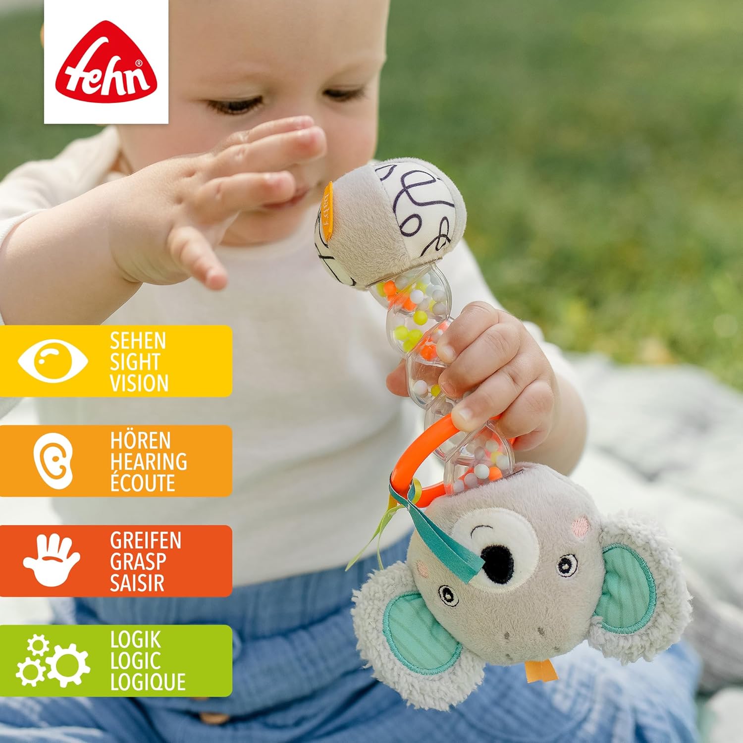 Fehn Regenmacher Koala – Motorik-Spielzeug mit Rassel, Quietsche, Raschelpapier Zum Greifen – Rasselstab fördert spielerisch Sinne & Motorik – für Babys & Kleinkinder AB 3+ Monaten