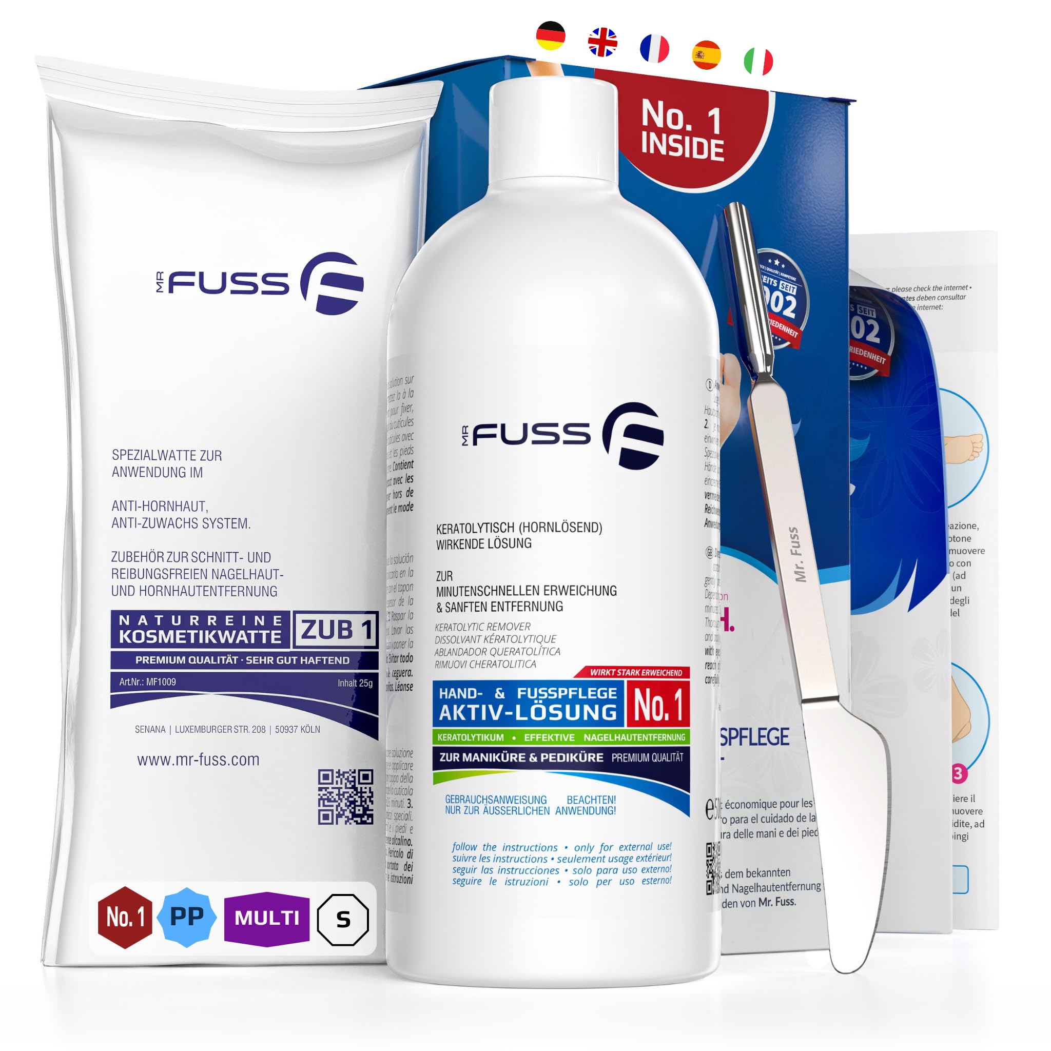 Mr. Fuss® No. 1 - Plus Pack Multi – Grande, per cuticole e cuticole, confezione risparmio da 3 pezzi, soluzione attiva, ammorbidente rapido e forte, 500 ml, ovatta, multitool