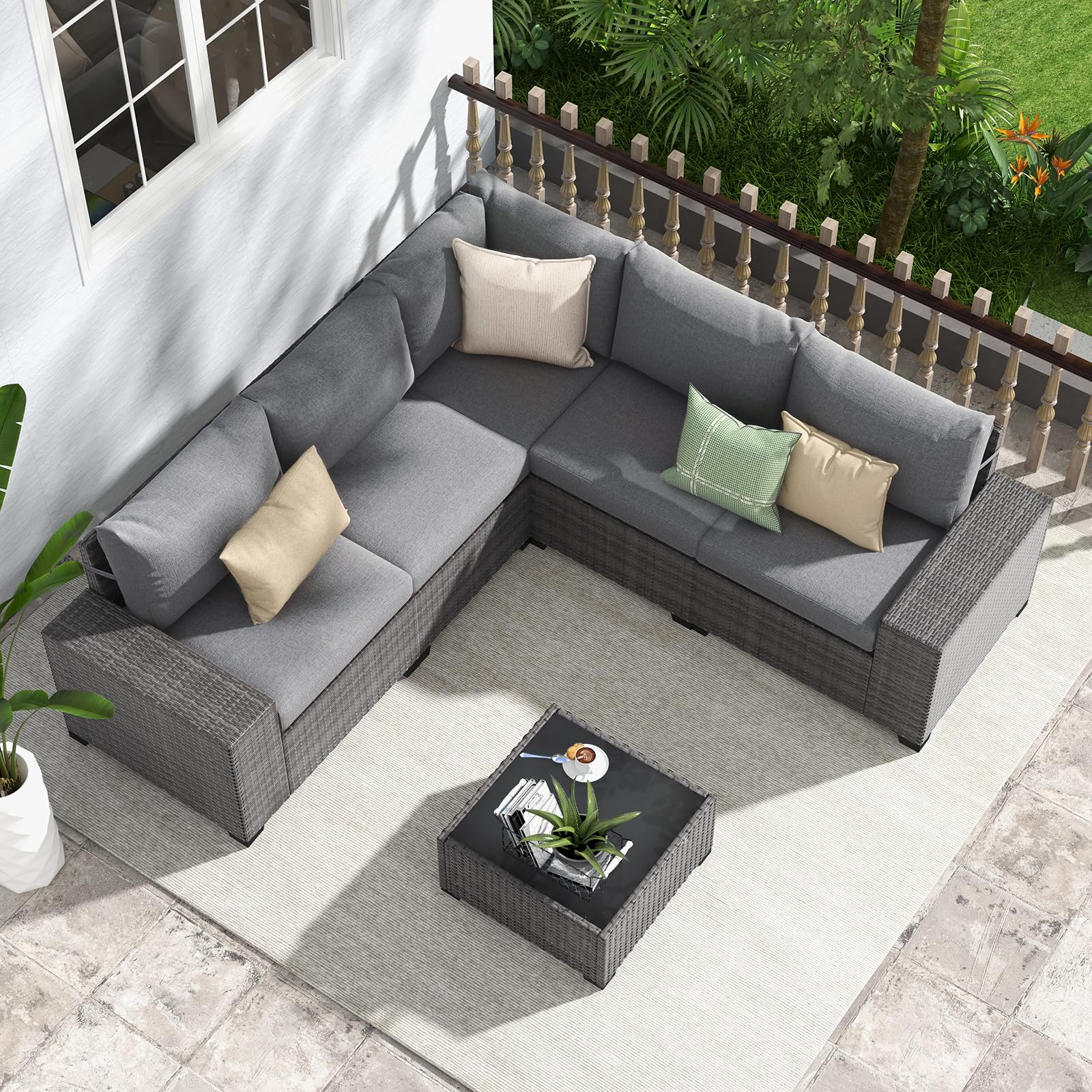 JOIVI 6 Pieces Outdoor Patio Furniture Set, Rattan Patio Sectional Sofa Conversation Set with Coffee Table, PE Wicker L-Shaped Sofa Set with Cushions