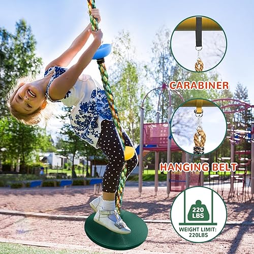 Miniatura 5 de Columpio de árbol para niños, juego de cuerda de escalada de asiento de un solo disco resistente con correa para colgar y mosquetones de plataforma