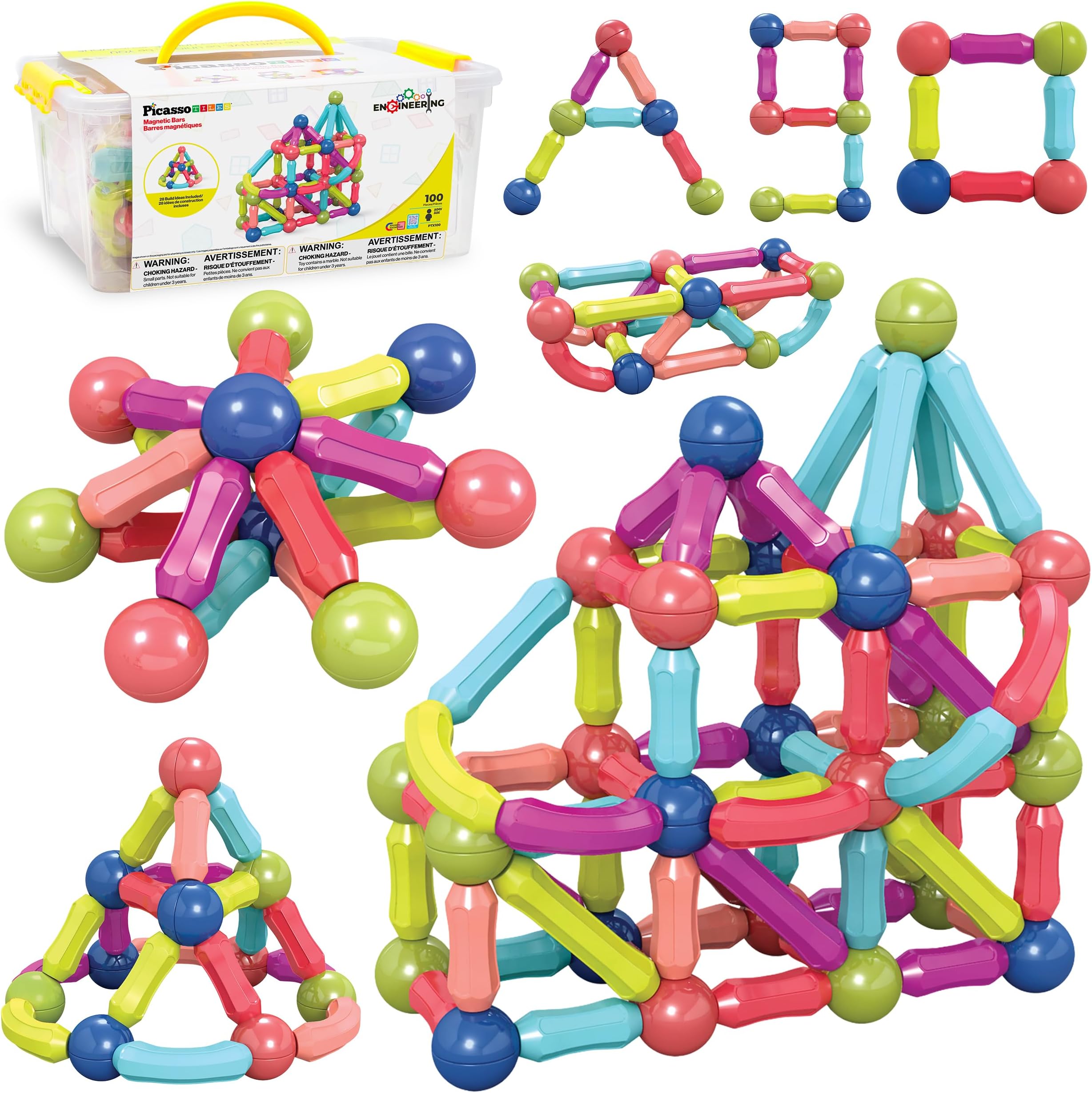 PicassoTiles 100 PCs Magnetic Building Stick Block Construction Set with Storage Bin Colorful STEM Toy Blocks Bar Balls & Rods Montessori Educational for All Ages Puzzle Toy for Boys & Girls PTX100