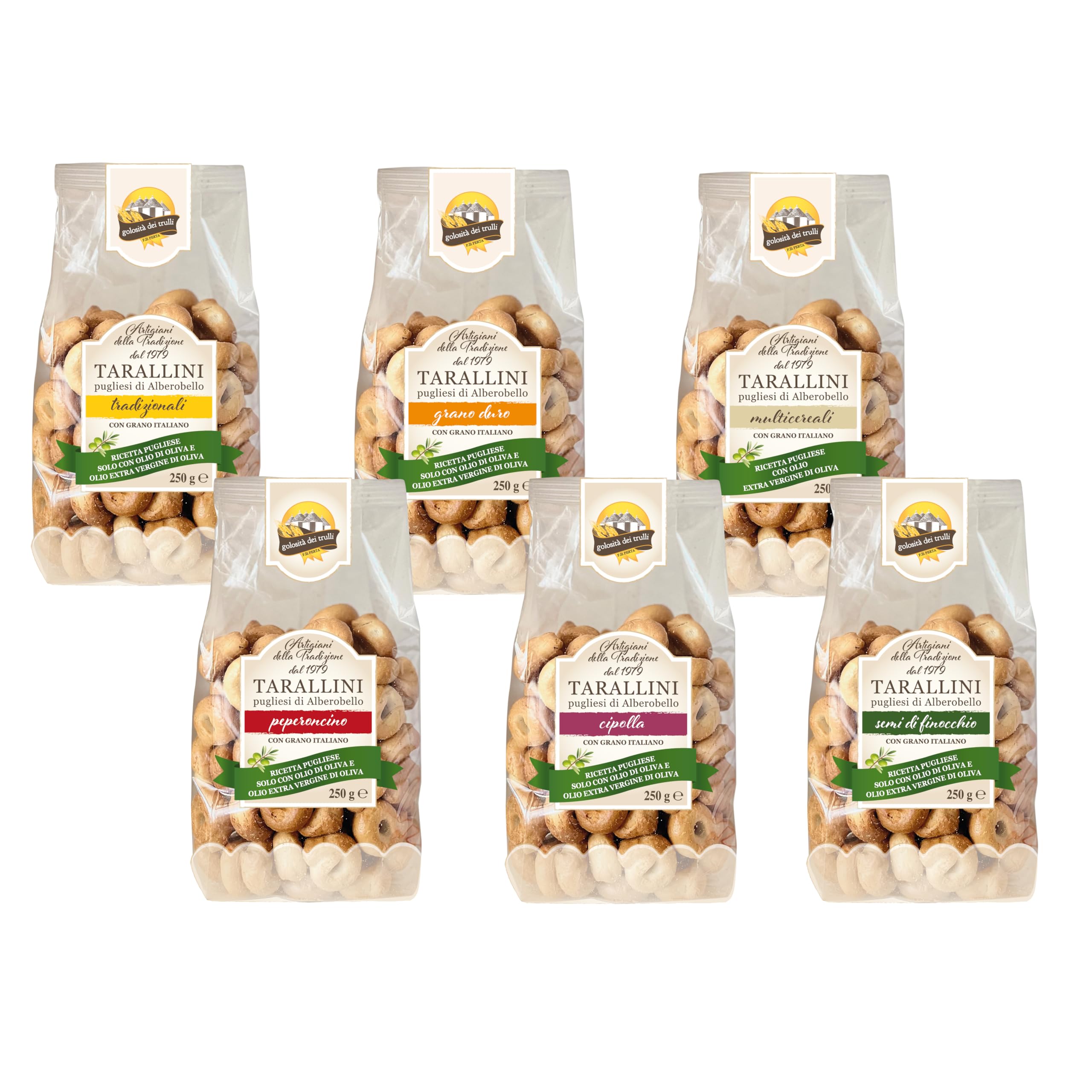 Golosità dei Trulli | Taralli Pugliesi con Olio Extravergine di Oliva, 6 Confezioni da 250 gr | Tarallini per Aperitivo, Snack Salati | Gusti Assortiti