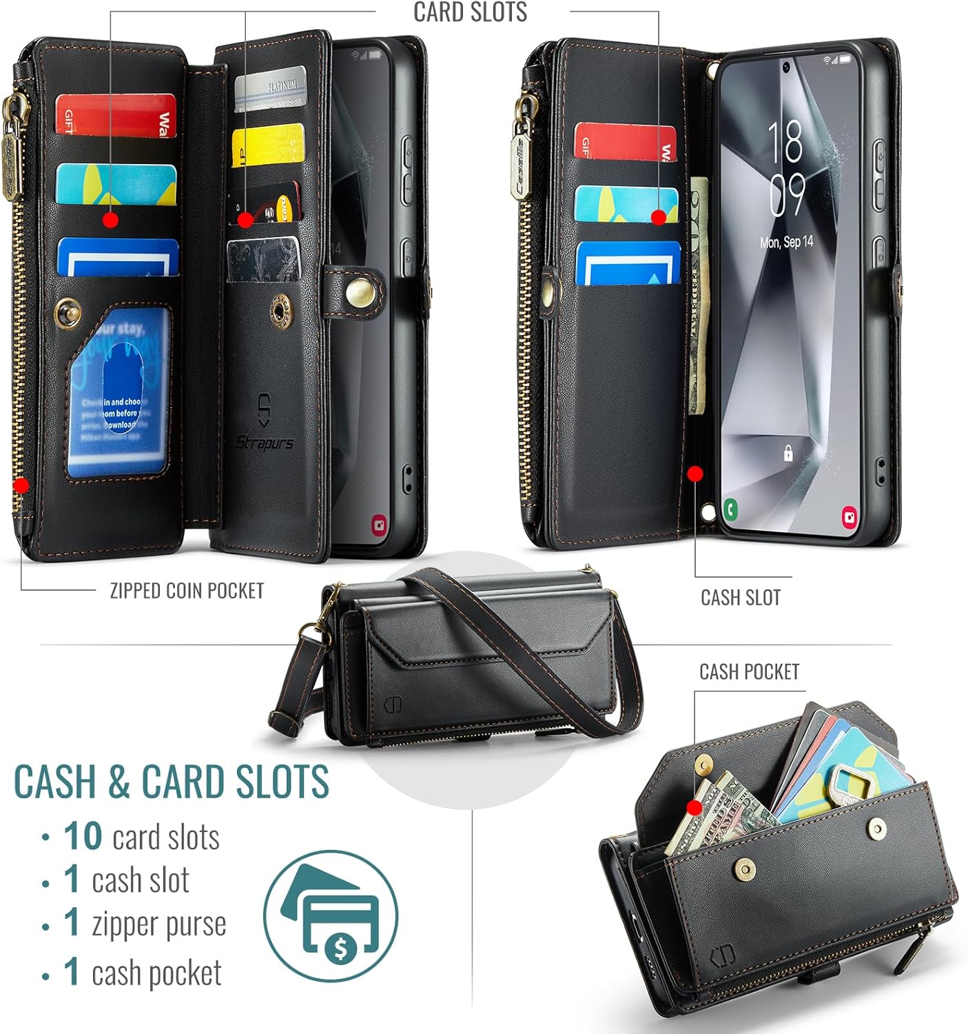 Strapurs Wallet Case Compatible with Samsung Galaxy S24 FE 5G RFID Blocking 10-Card Holder Soft PU Leather Magnetic Snap Strap Zipper Pocket Phone Case Fit for Galaxy S24 FE 6.7" - Black