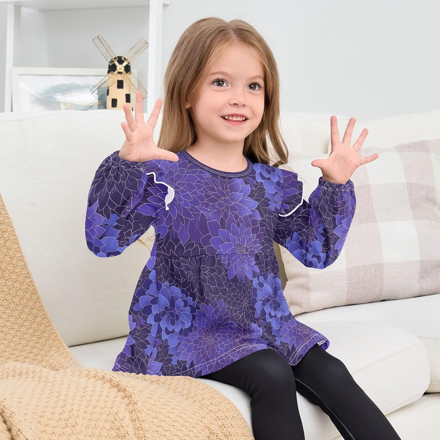 visesunny Toddler Clothes for Girls Purple Line Dahlia Long Sleeve Fall Shirts Cotton Top with Ruffle Collar
