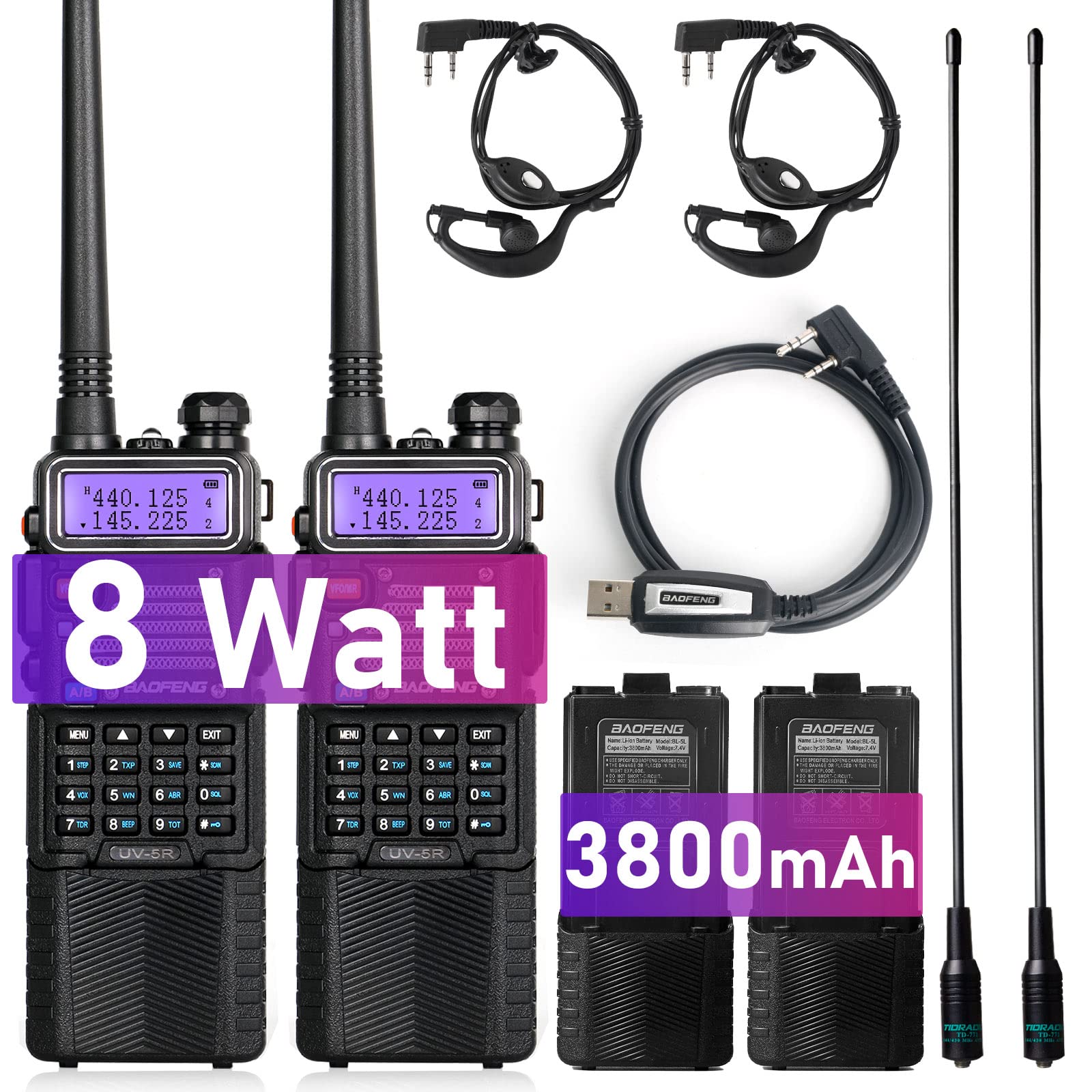 BaoFeng Radio High Power 8 Watt Ham Radio Handheld 144-148Mhz/420-450Mhz Upgraded BaoFeng UV-5R with Rechargeable 3800mAh Battery Walkie Talkie with TIDRADIO Programming Cable (2 Pack)